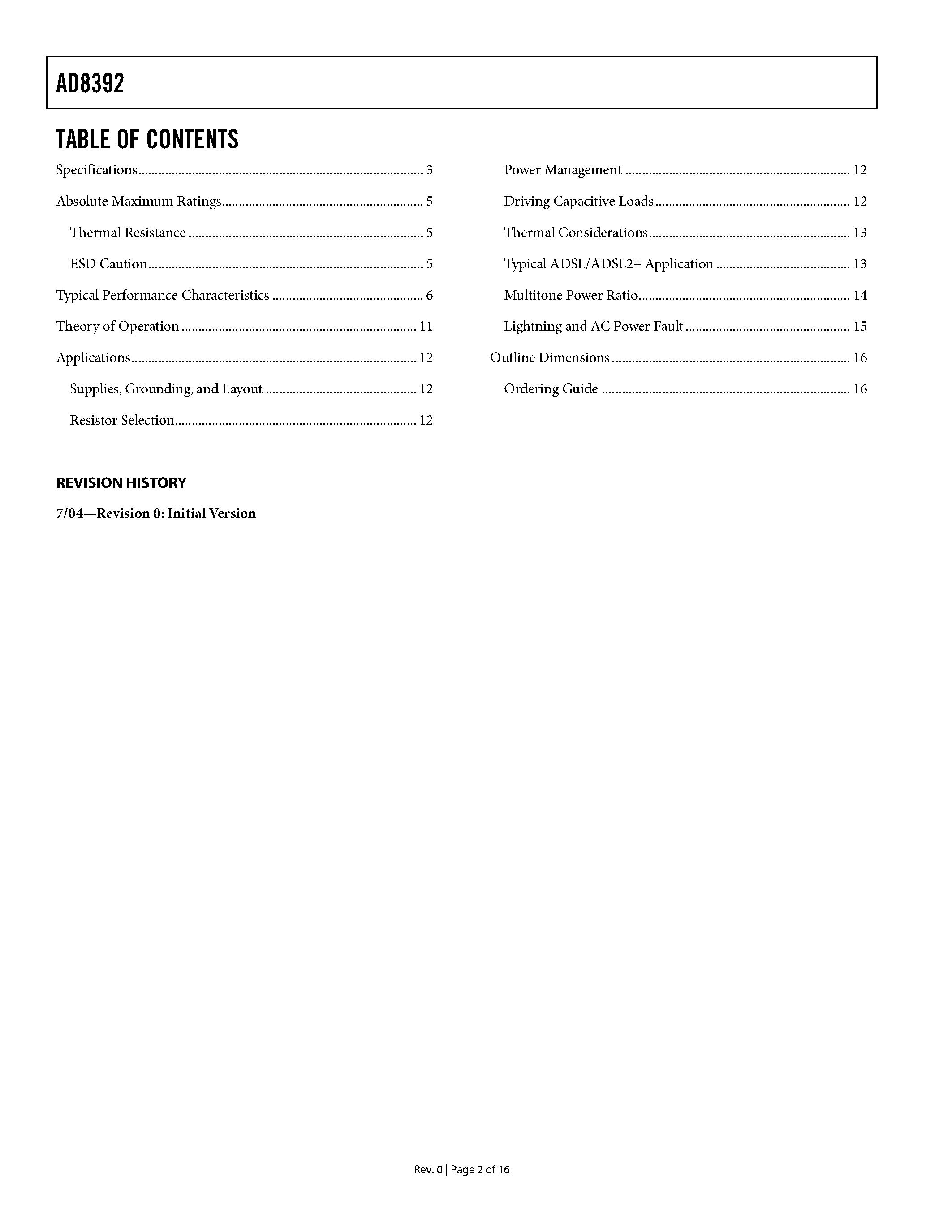 Datasheet AD8392 - Dual-Channel ADSL/ADSL2+ Line Driver page 2
