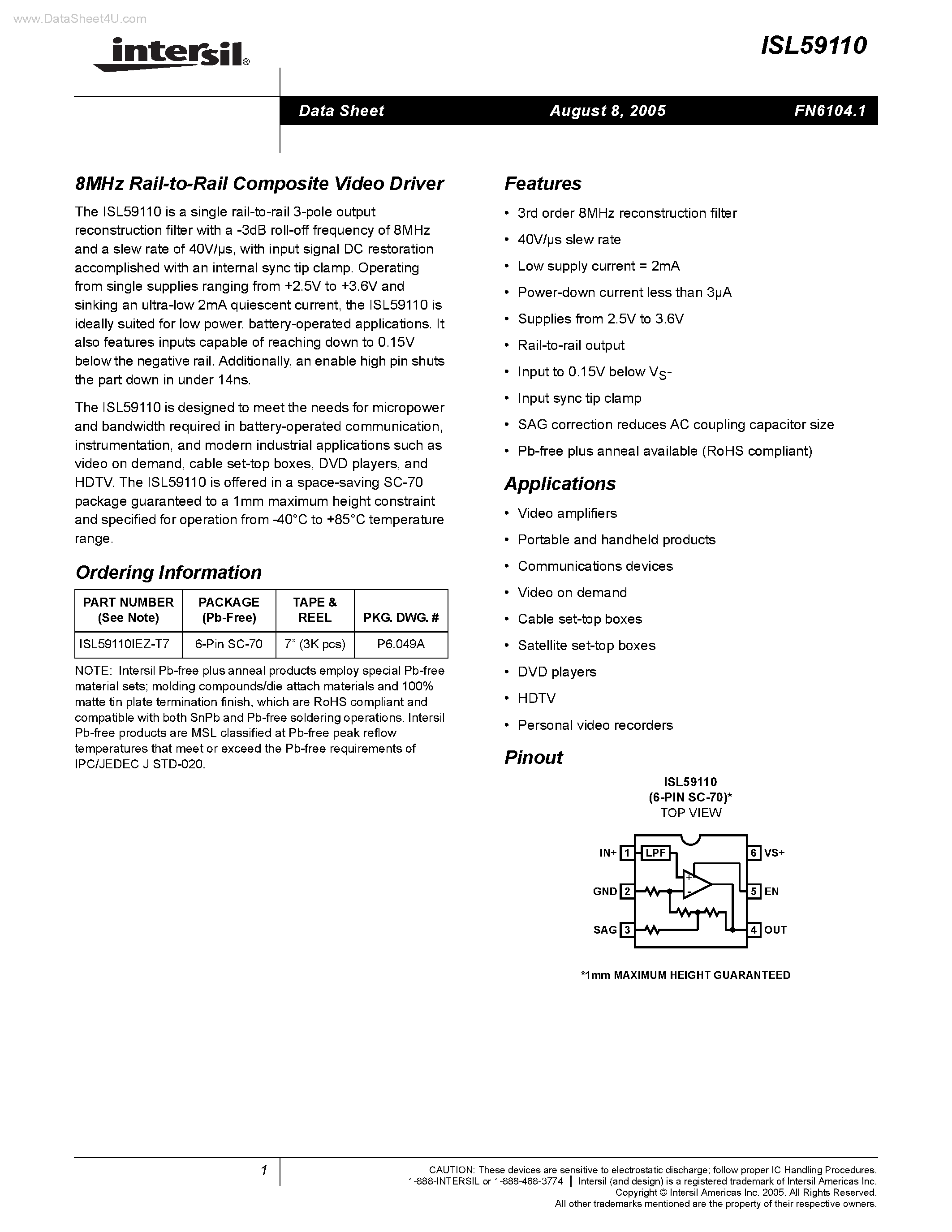 Datasheet ISL59110 - Rail-to-Rail Composite Video Driver page 1