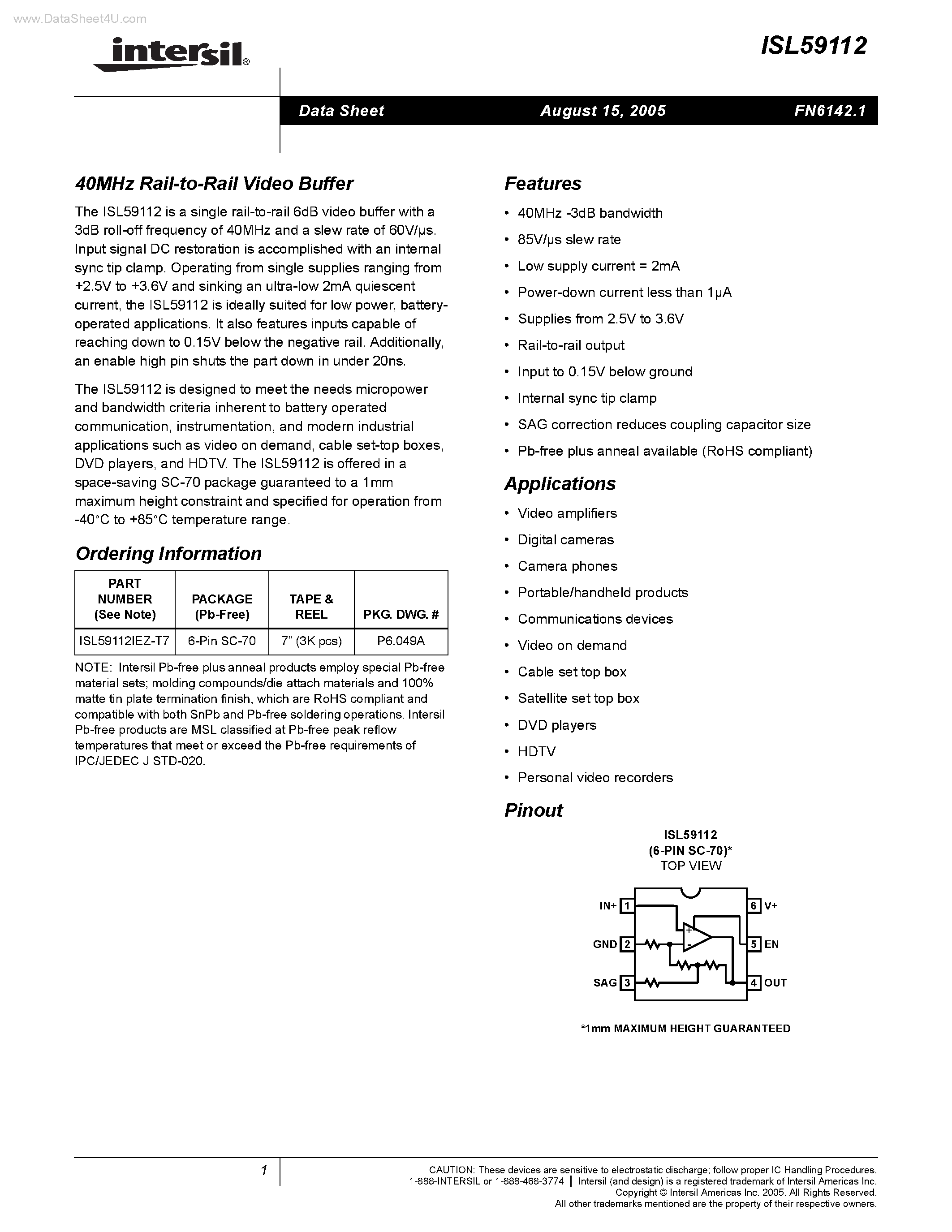 Datasheet ISL59112 - Rail-to-Rail Video Buffer page 1