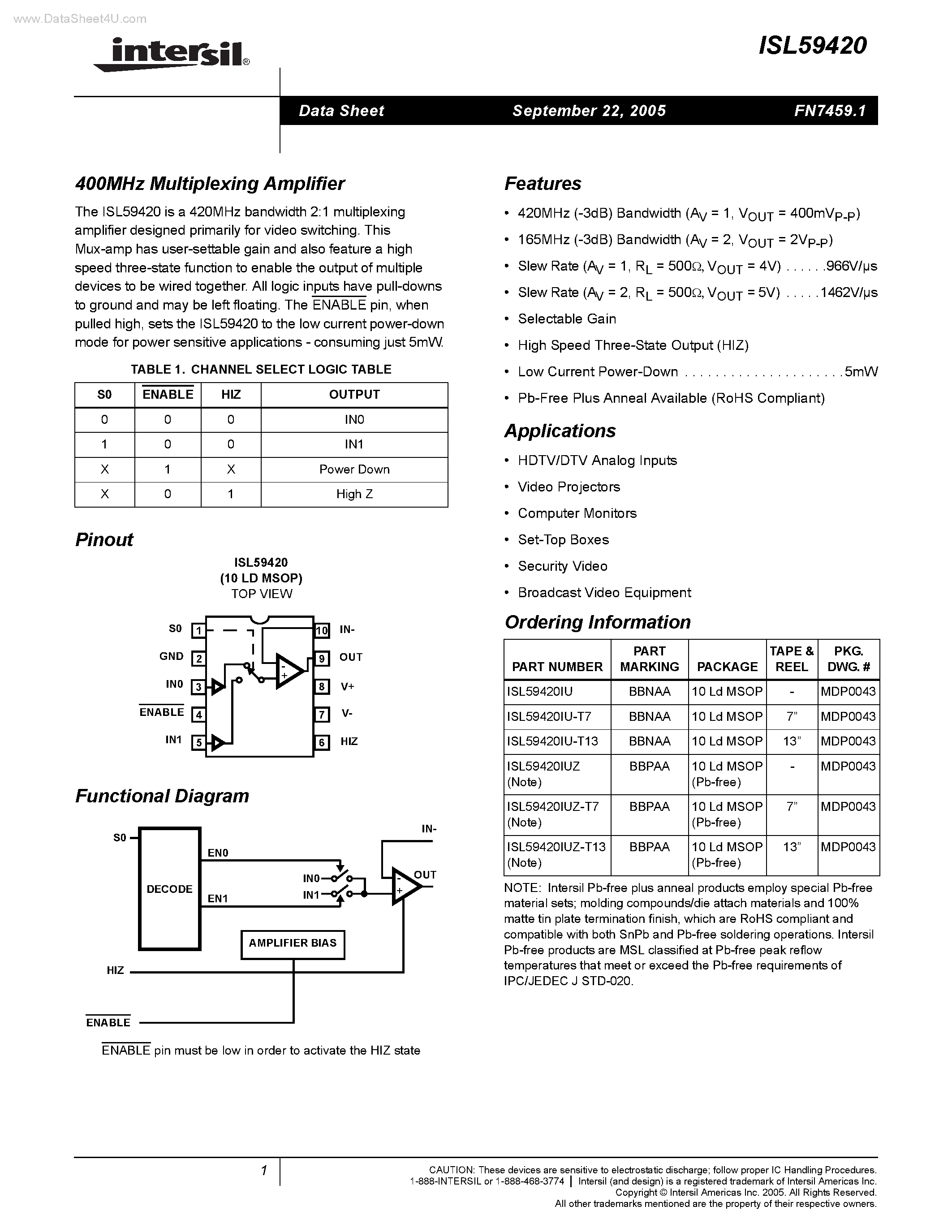 Datasheet ISL59420 page 1 Datasheet ISL59420 - 400MHz Multiplexing Amplifier page 1