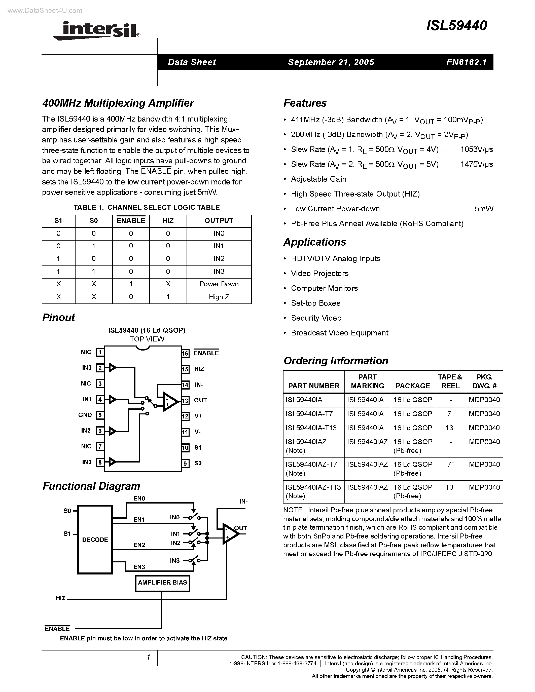 Datasheet ISL59440 - Multiplexing Amplifier page 1