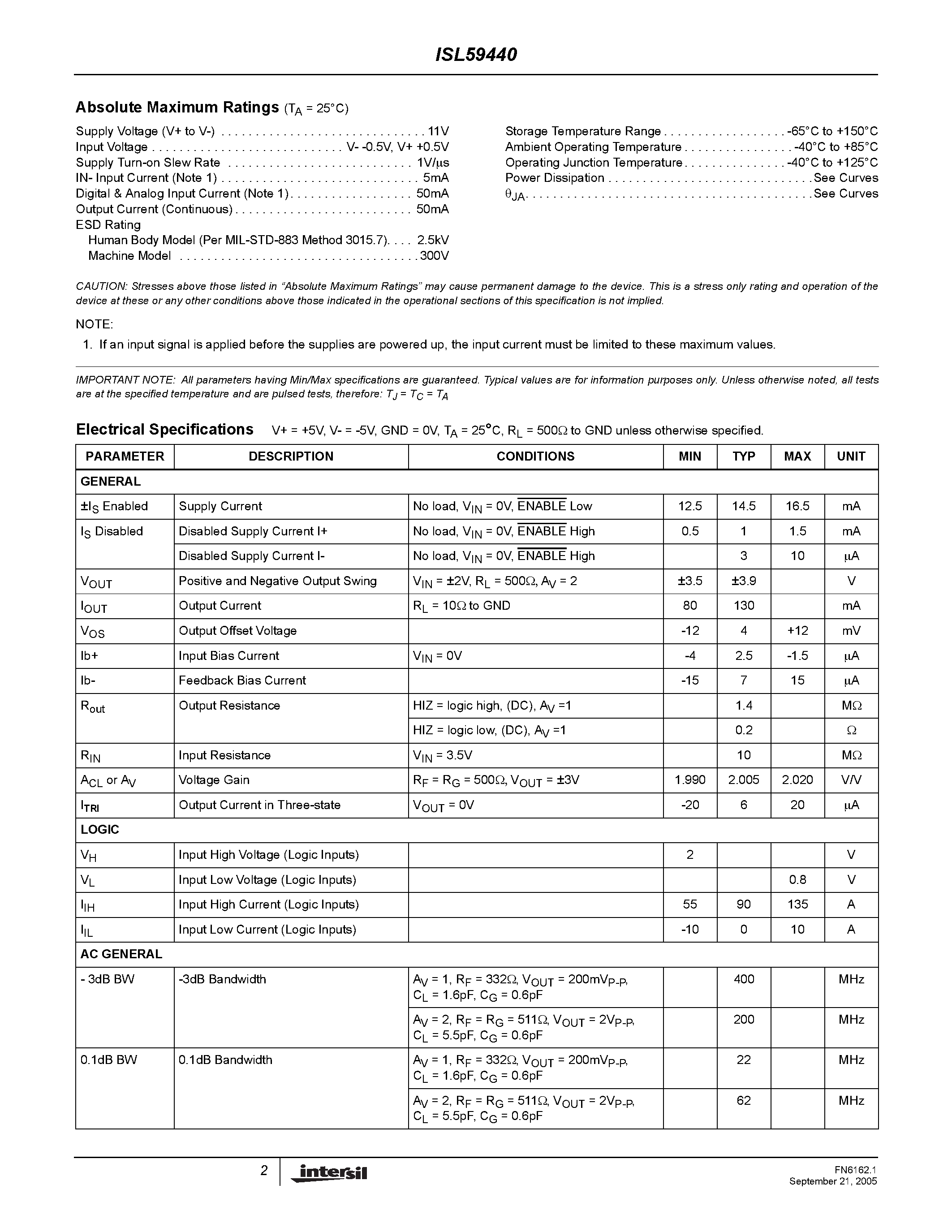 Datasheet ISL59440 - Multiplexing Amplifier page 2