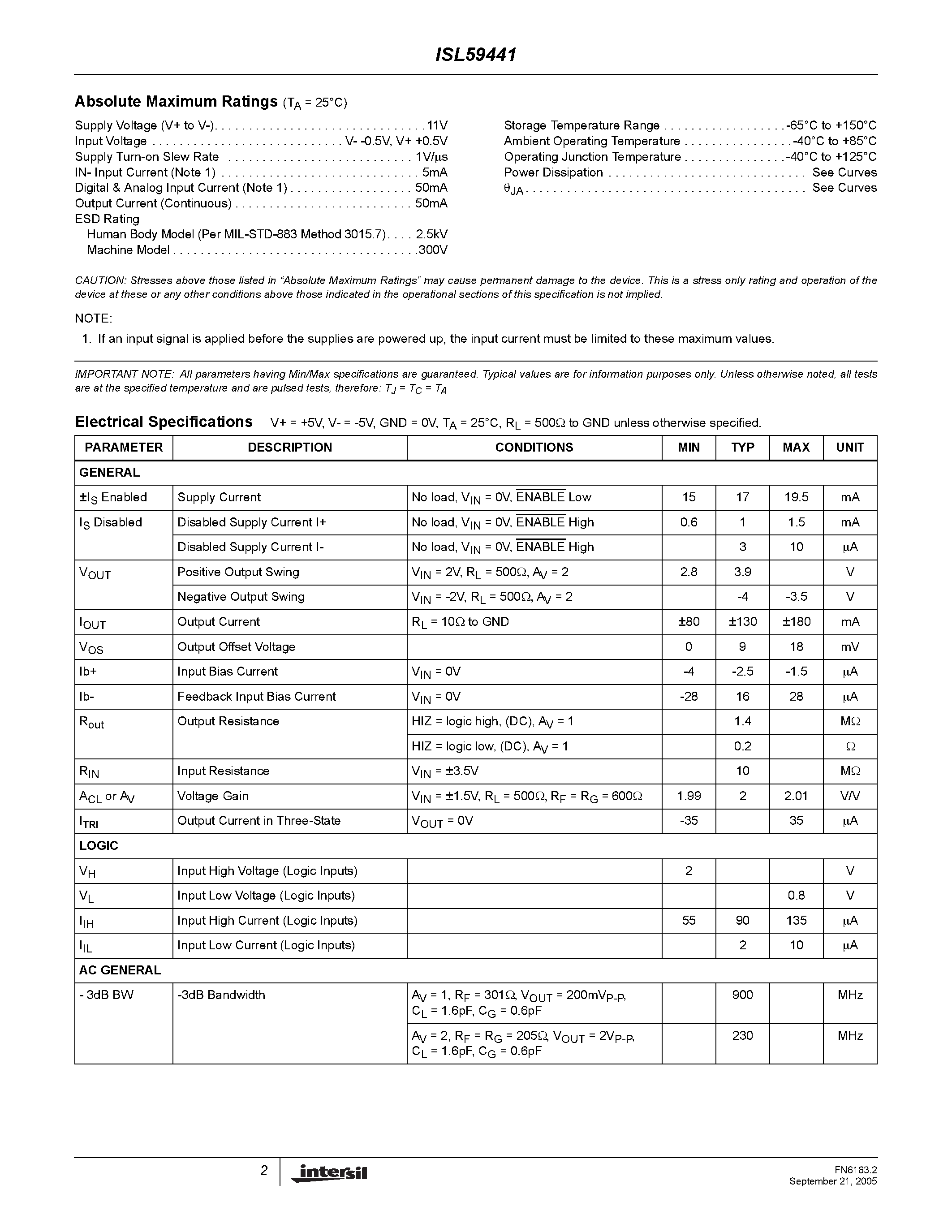 Datasheet ISL59441 - Multiplexing Amplifier page 2
