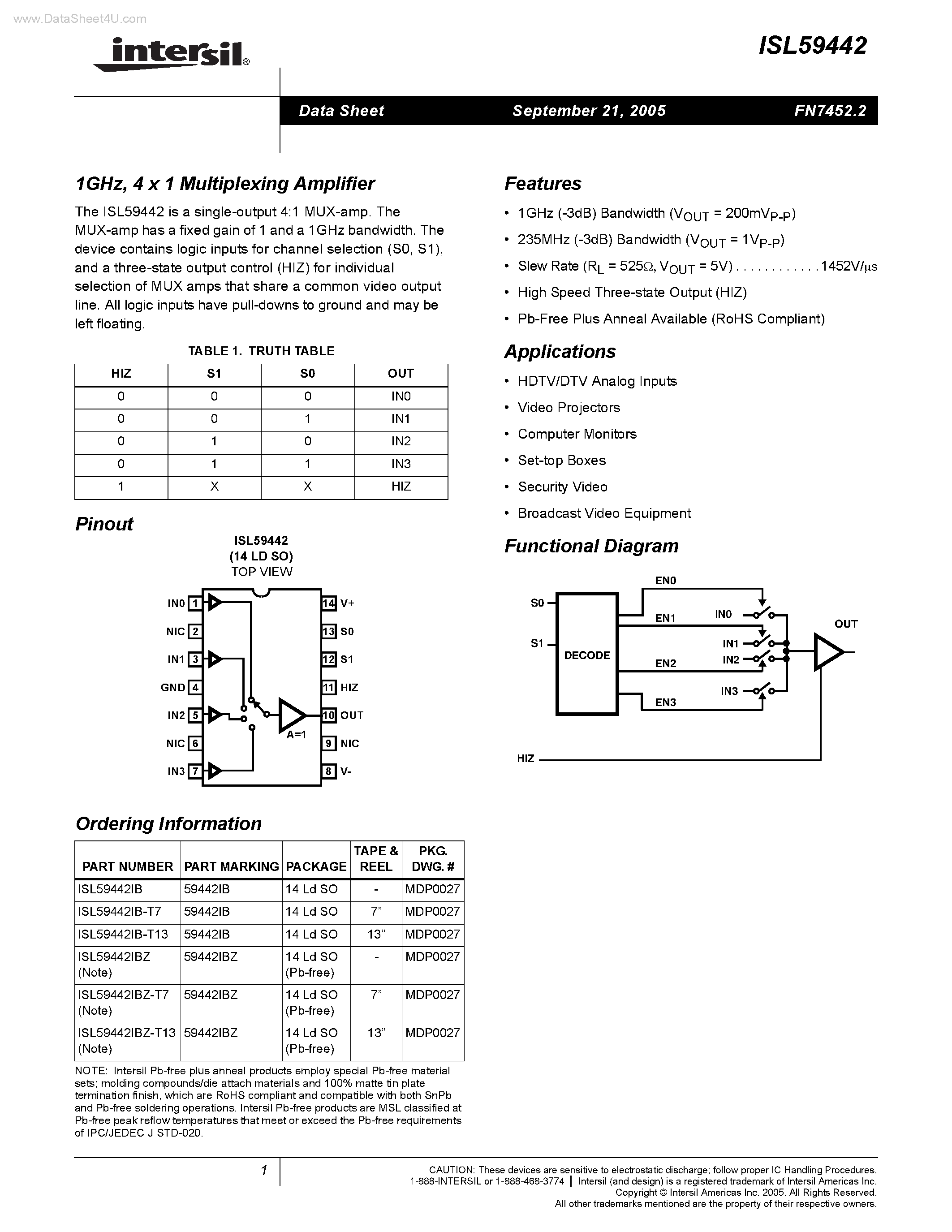 Даташит ISL59442 - 4 x 1 Multiplexing Amplifier страница 1