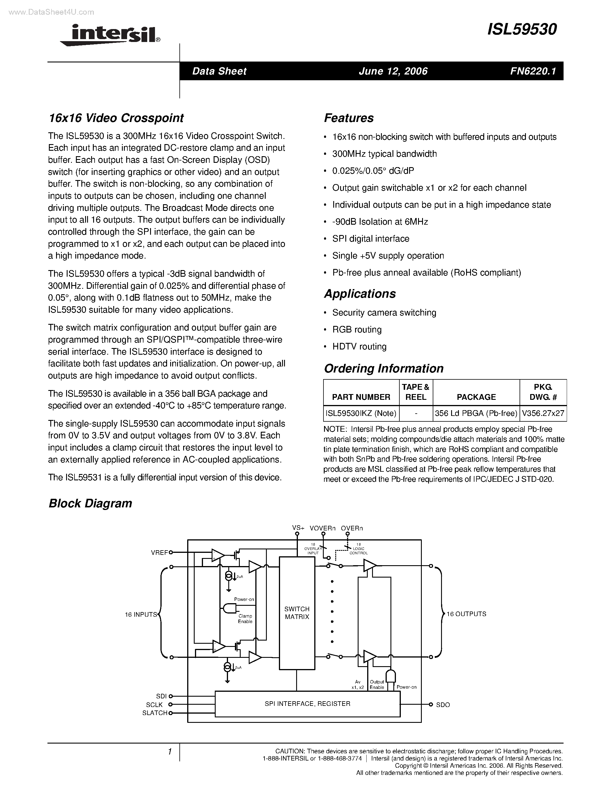 Datasheet ISL59530 page 1 Datasheet ISL59530 - 16x16 Video Crosspoint page 1