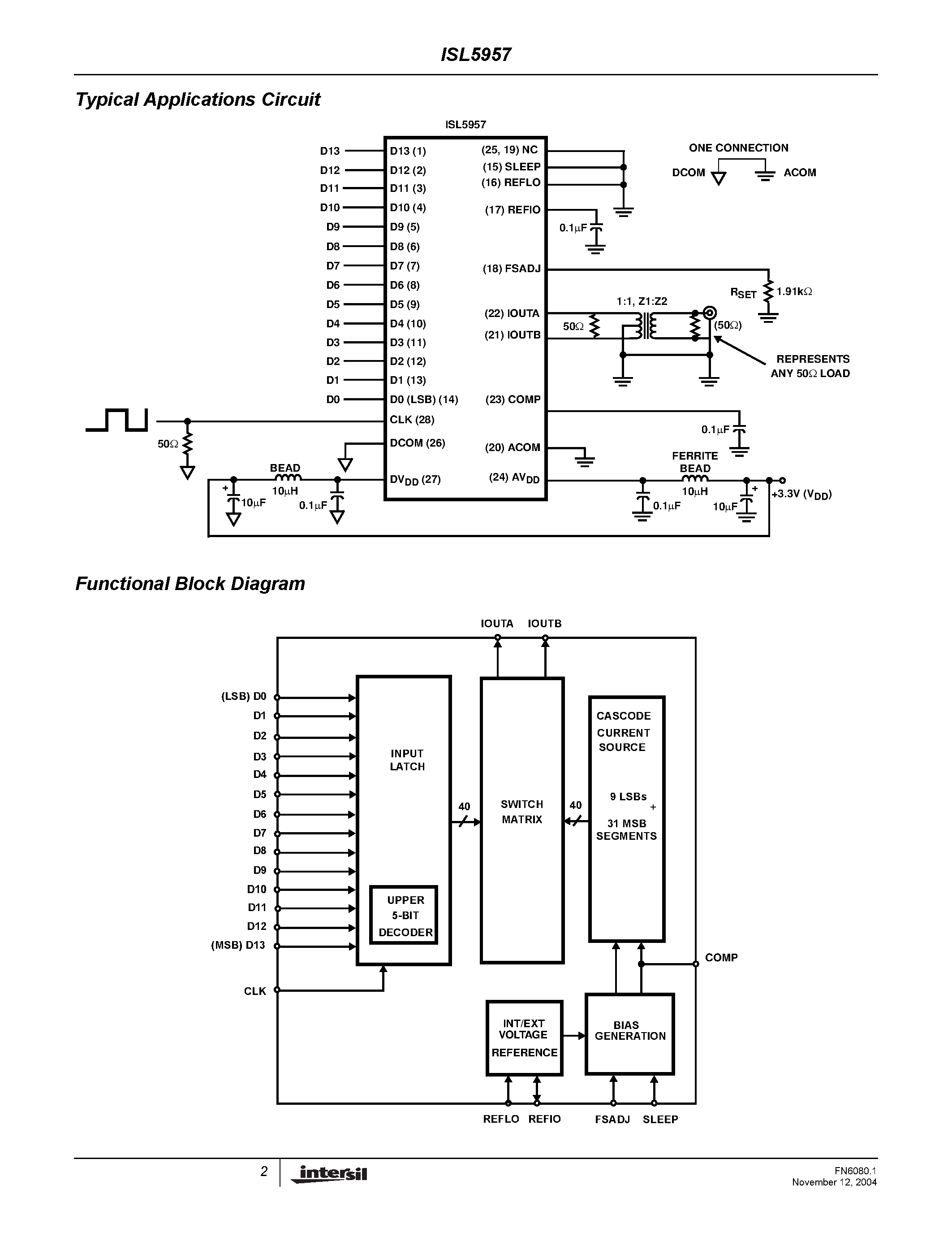 Даташит ISL5957 - High Speed D/A Converter страница 2