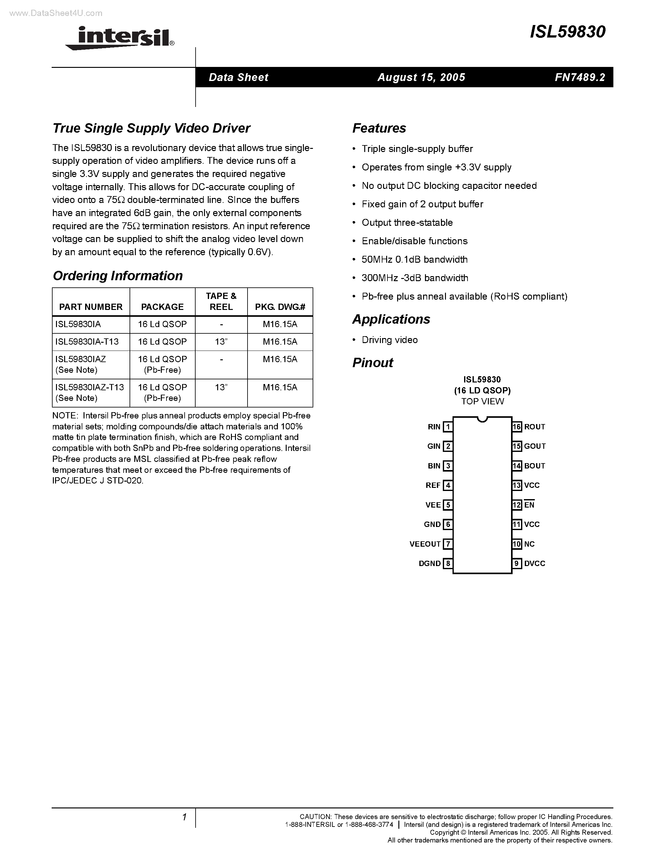 Datasheet ISL59830 - True Single Supply Video Driver page 1