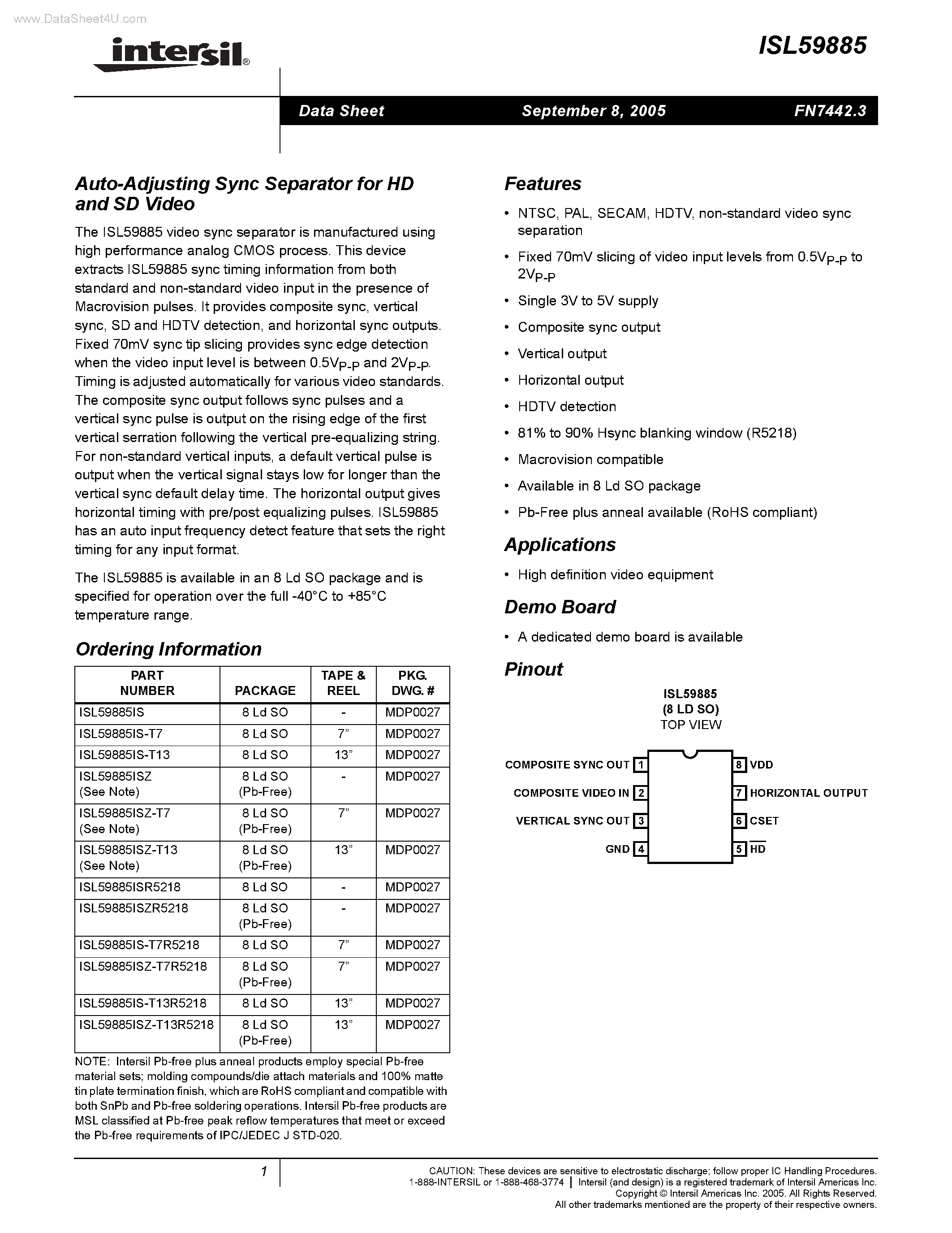 Datasheet ISL59885 - Auto-Adjusting Sync Separator page 1