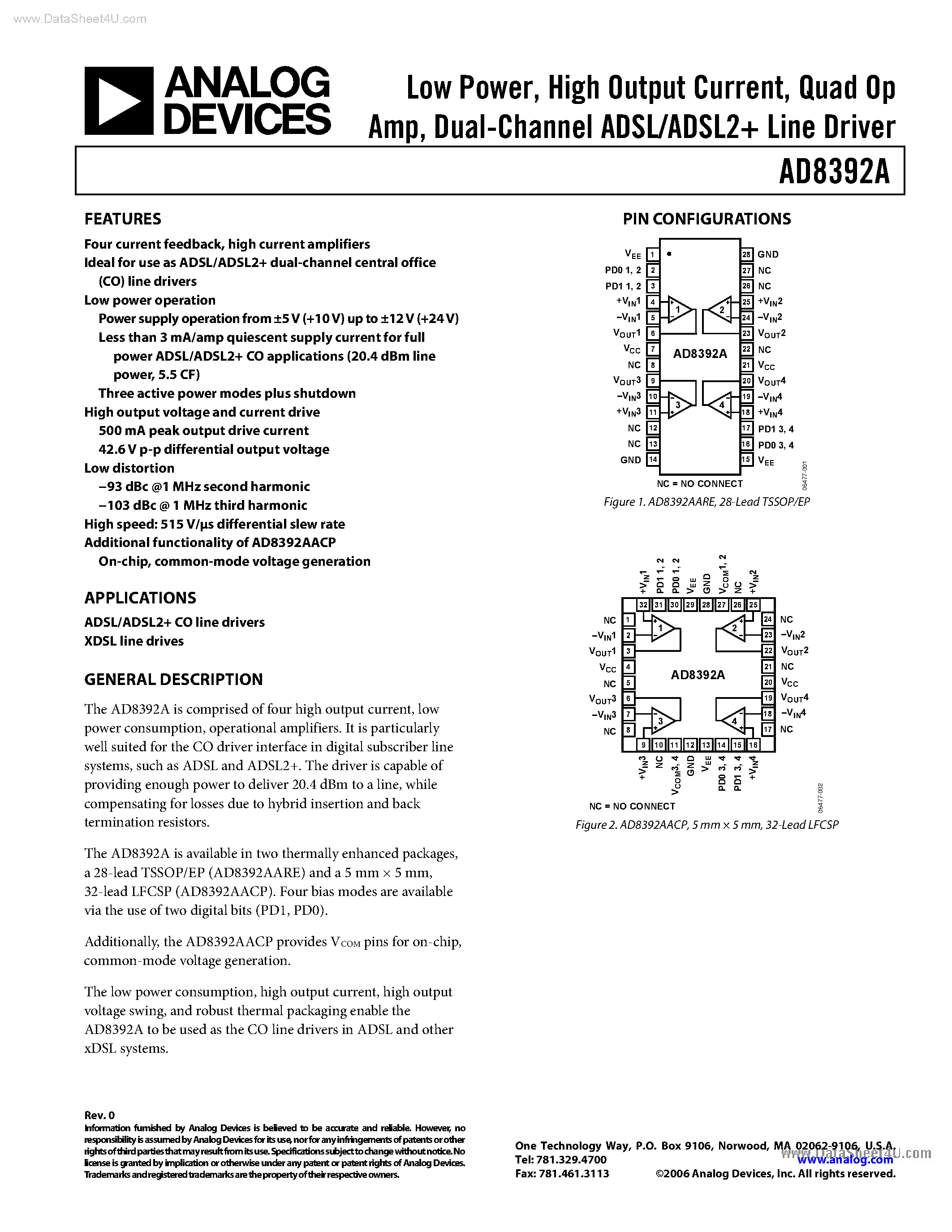 Datasheet AD8392A - Dual-Channel ADSL/ADSL2+ Line Driver page 1