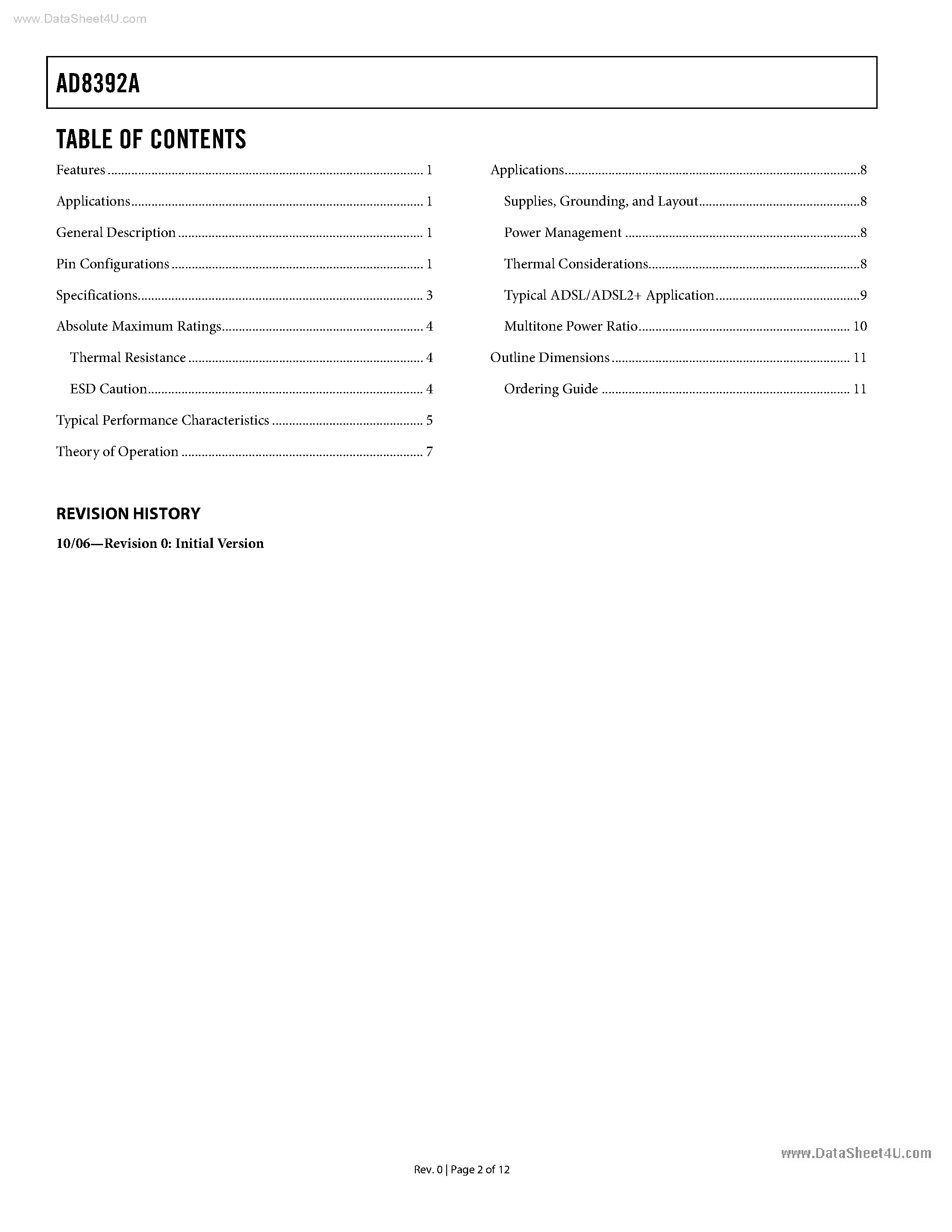 Datasheet AD8392A - Dual-Channel ADSL/ADSL2+ Line Driver page 2
