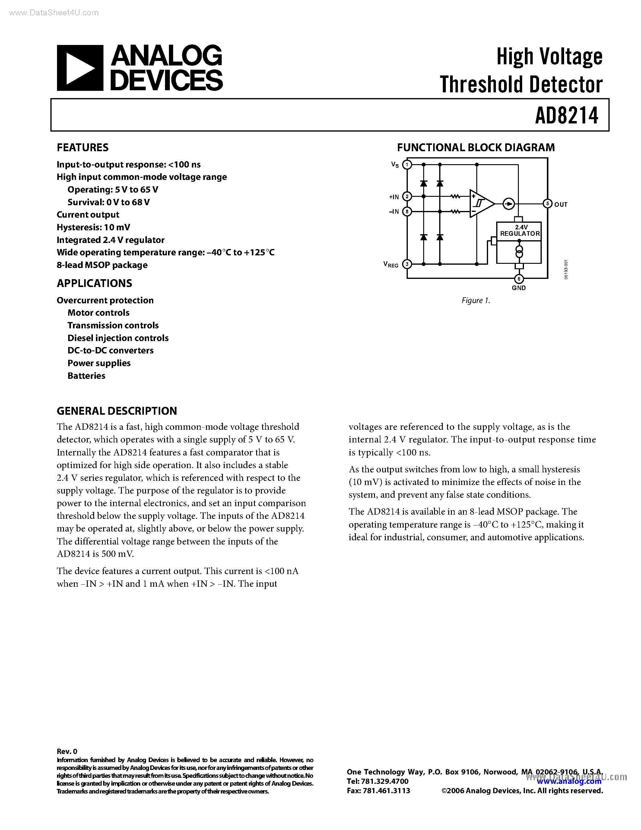 Datasheet AD8214 - High Voltage Threshold Detector page 1