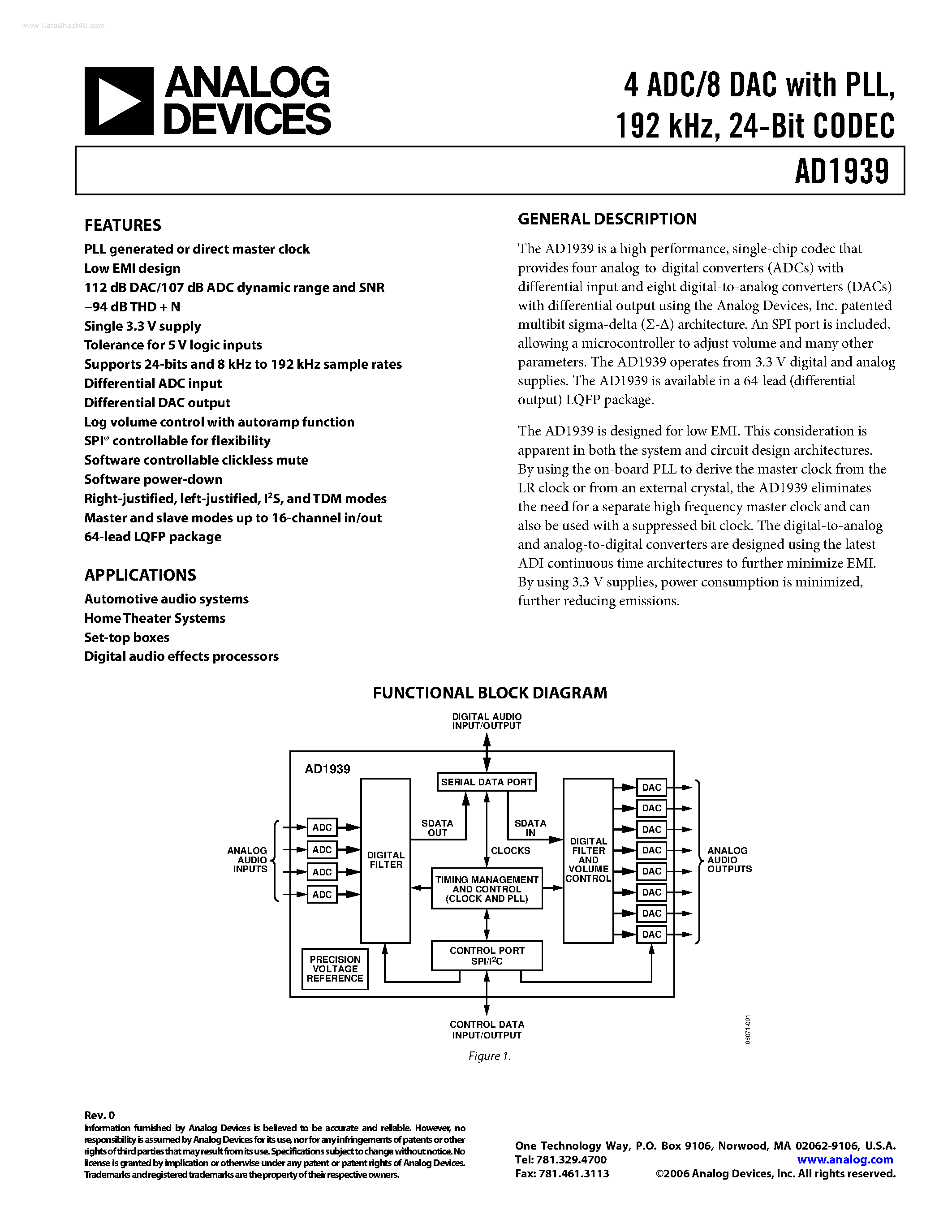 Даташит на микросхему AD1939 страница 1 Даташит AD1939 - 4 ADC/8 DAC страница 1