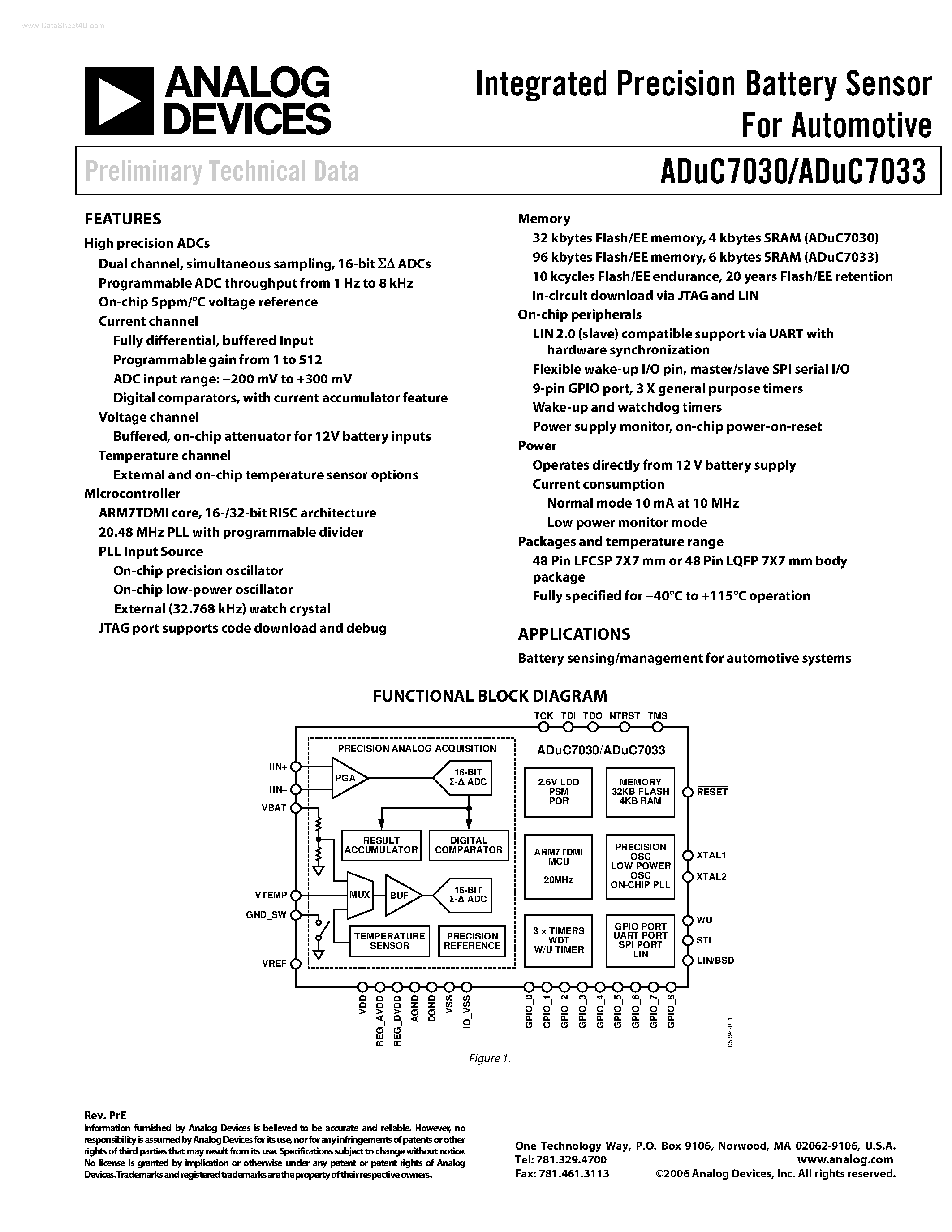 Datasheet ADUC7030 page 1 Datasheet ADUC7030 - (ADUC7030 / ADUC7033) Integrated Precision Battery Sensor page 1