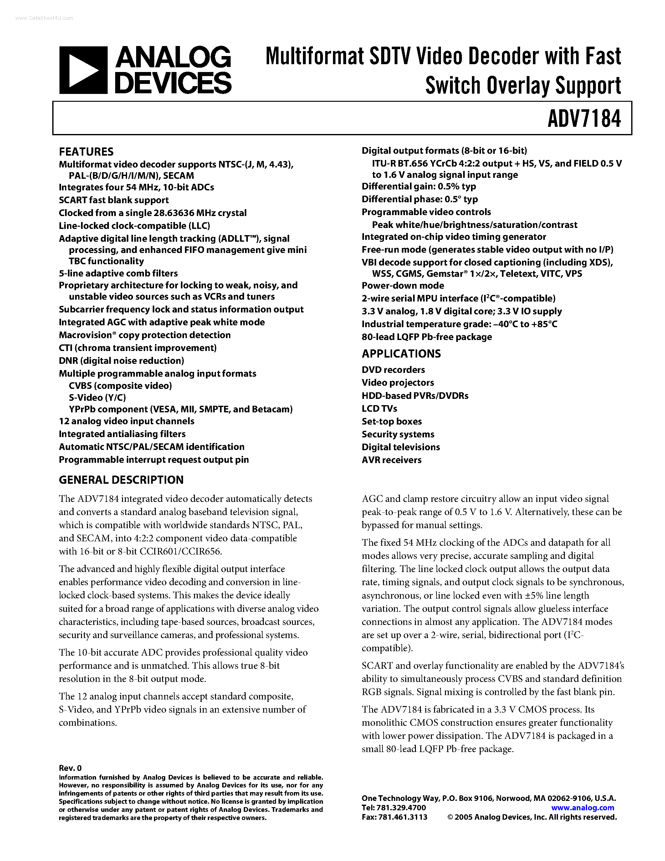 Datasheet ADV7184 - Multiformat SDTV Video Decoder page 1