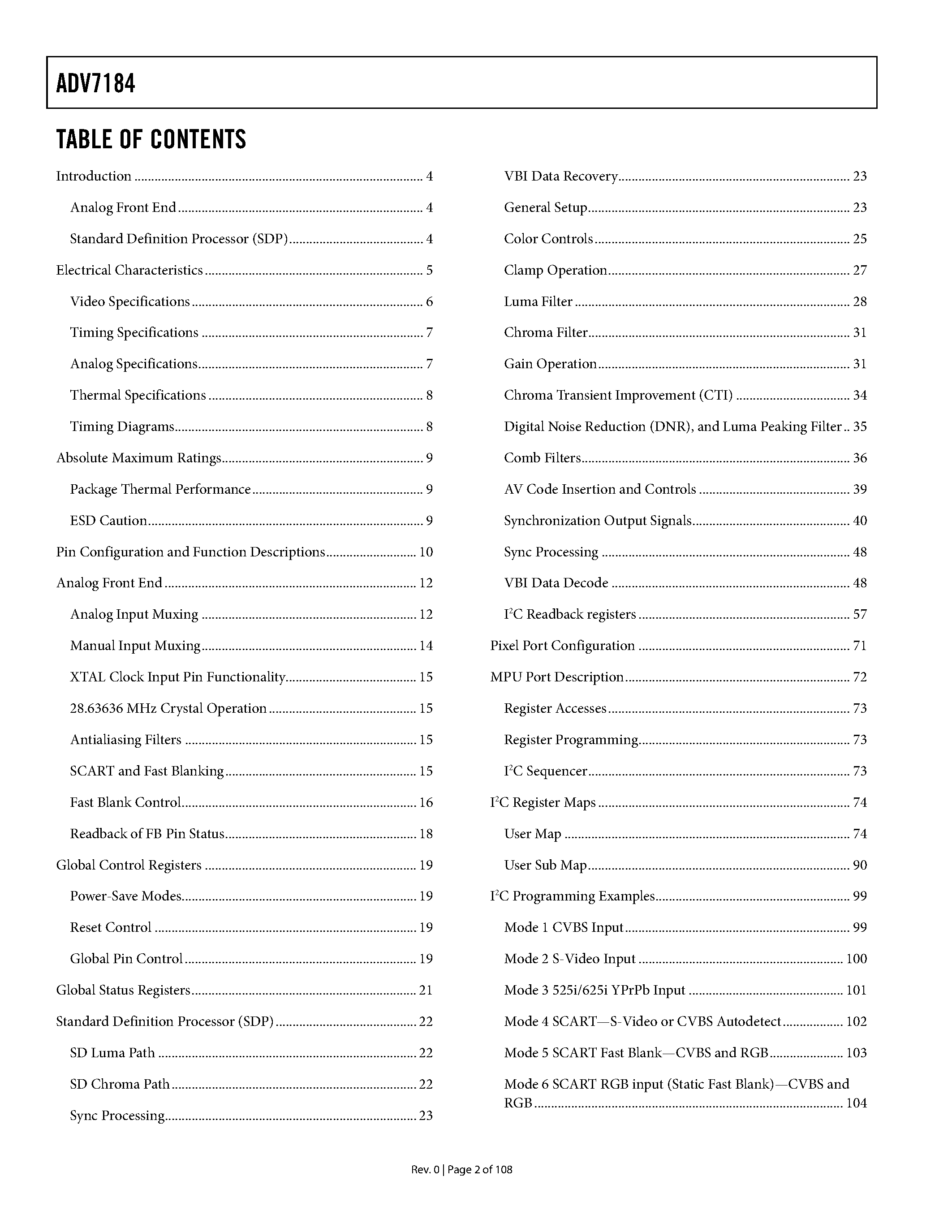 Datasheet ADV7184 - Multiformat SDTV Video Decoder page 2