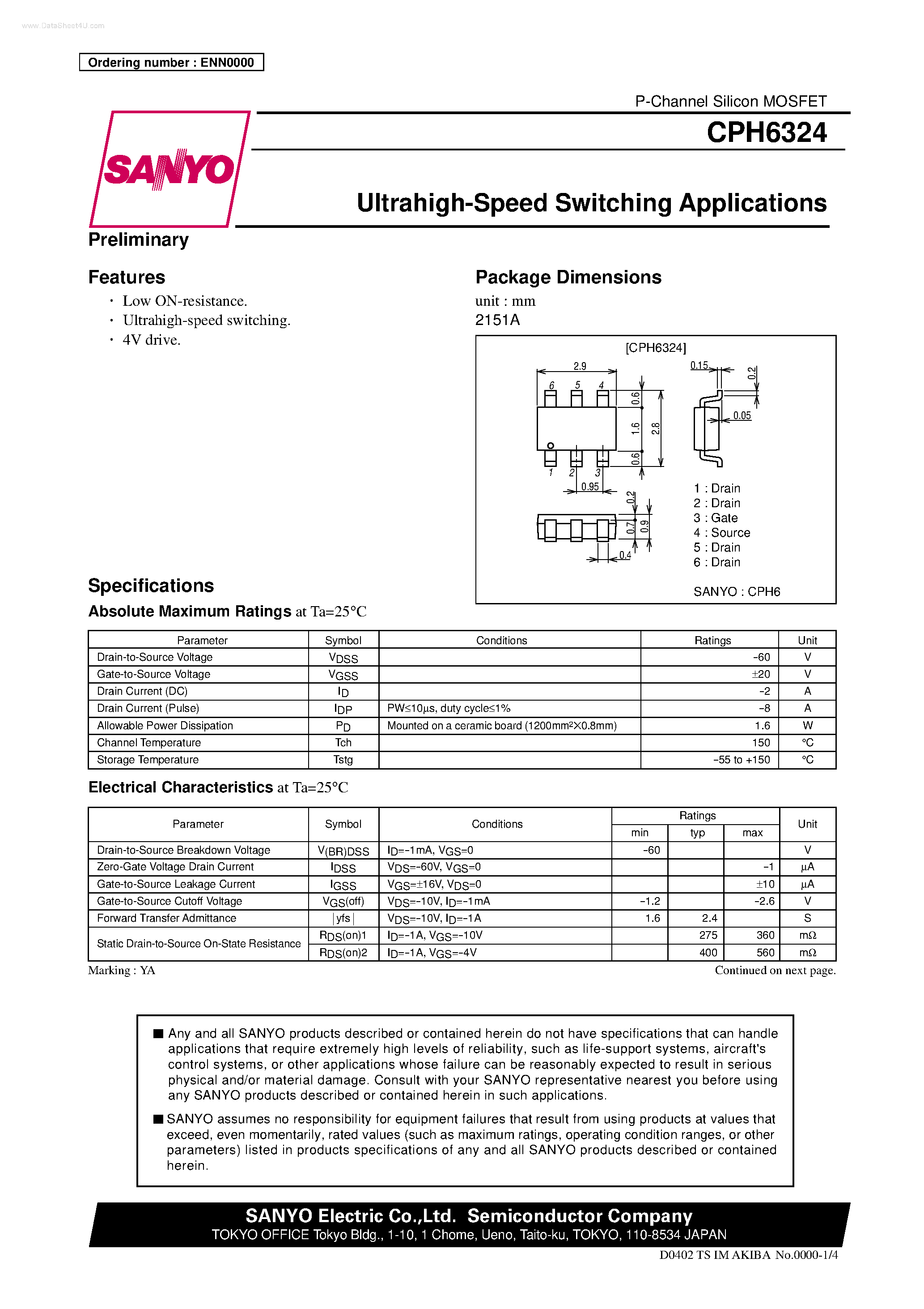 Даташит на микросхему CPH6324 страница 1 Даташит CPH6324 - ULTRAHIGH-SPEED SWITCHING APPLICATIONS страница 1