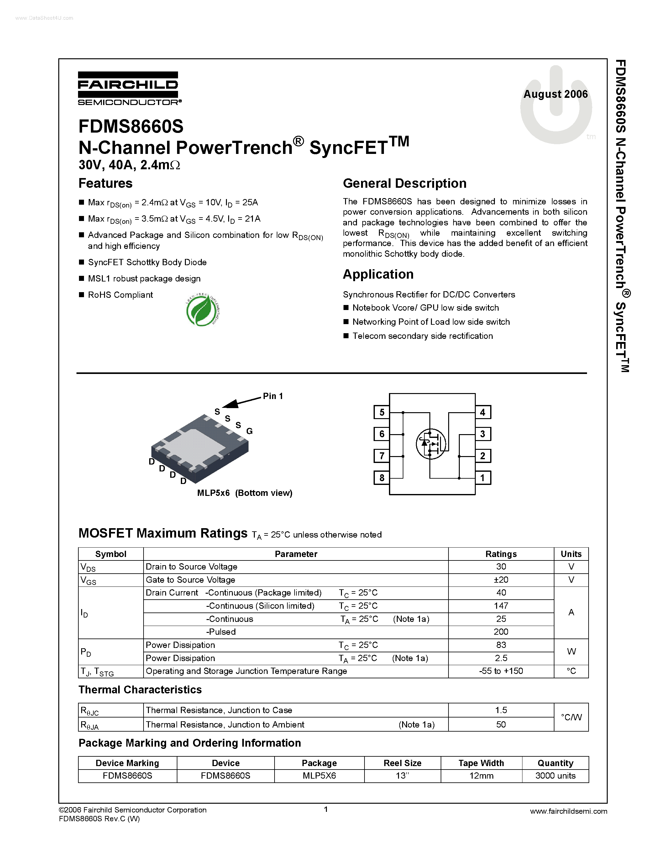 Datasheet FDMS8660S - N-Channel PowerTrench SyncFET page 1
