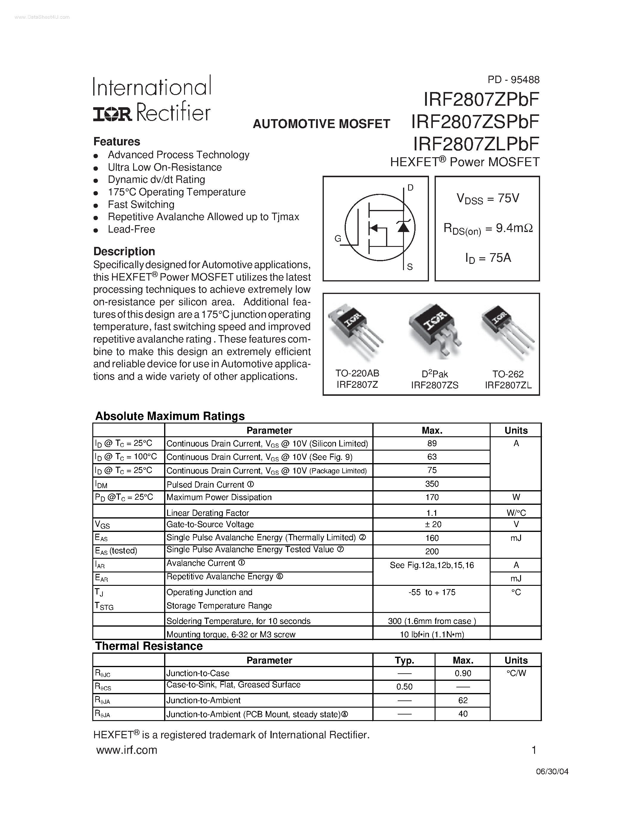 Datasheet IRF2807ZPBF - AUTOMOTIVE MOSFET page 1