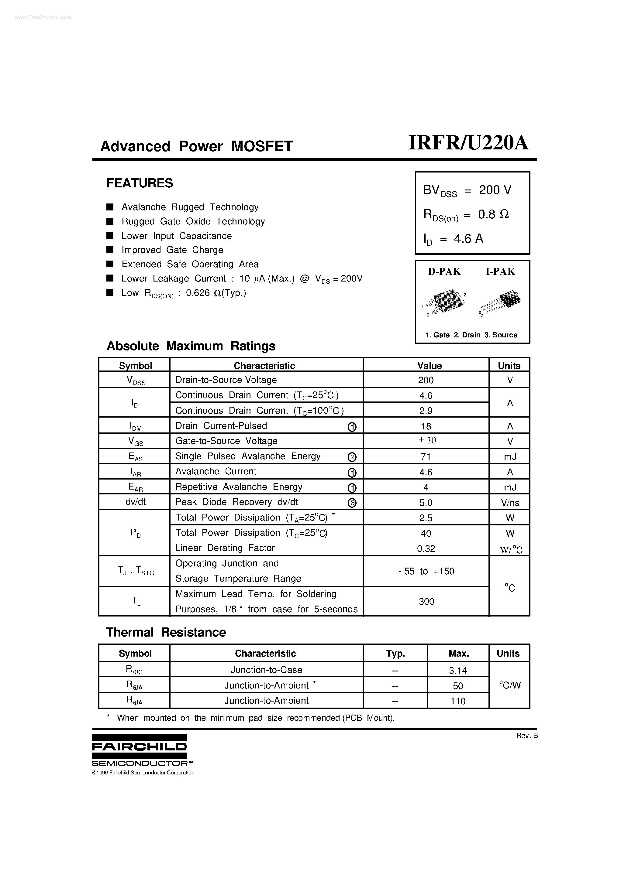Datasheet IRFR220A page 1 Datasheet IRFR220A - Advanced Power MOSFET page 1