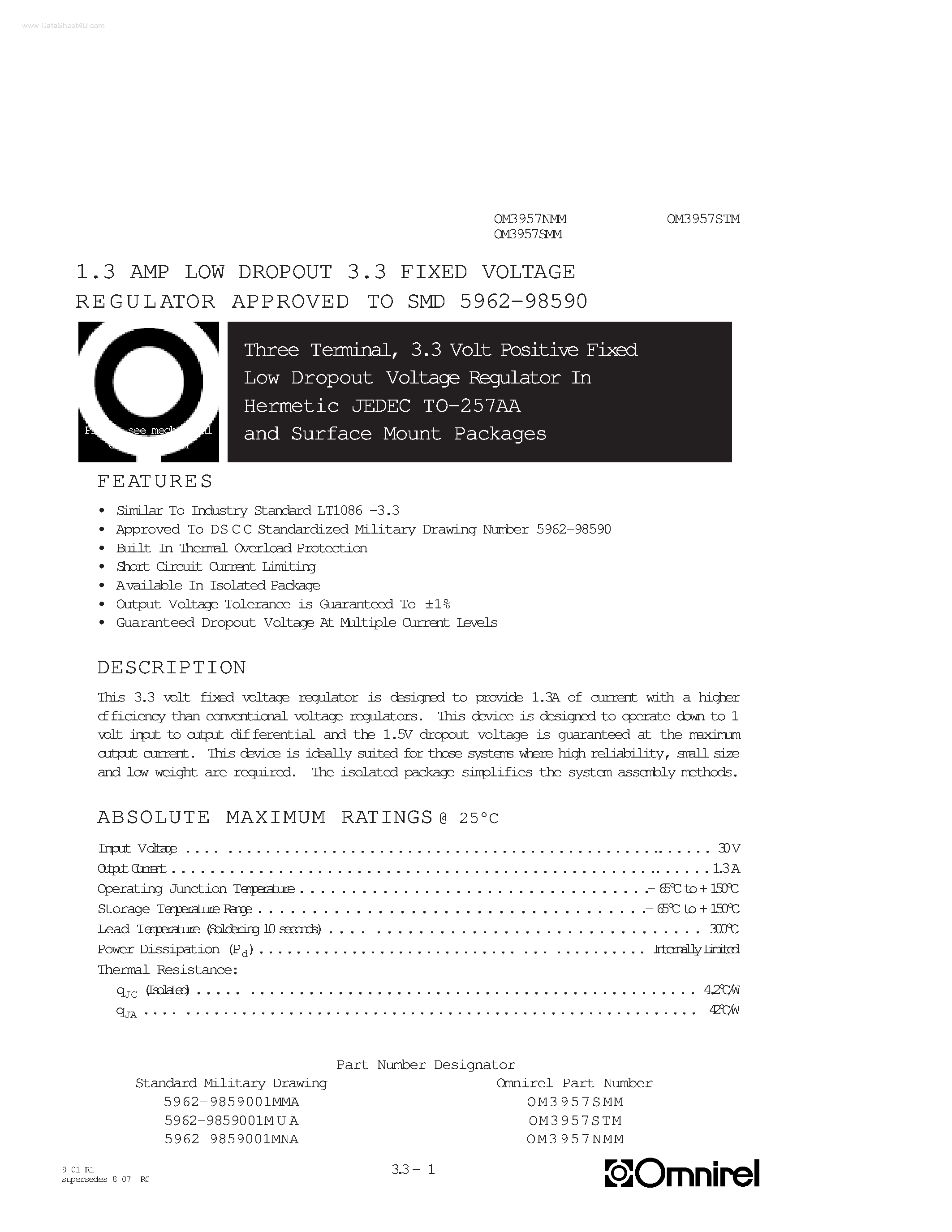 Datasheet OM3957NMM - LOW DROPOUT 3.3 FIXED VOLTAGE REGULATOR APPROVED TO SMD 5962-98590 page 1