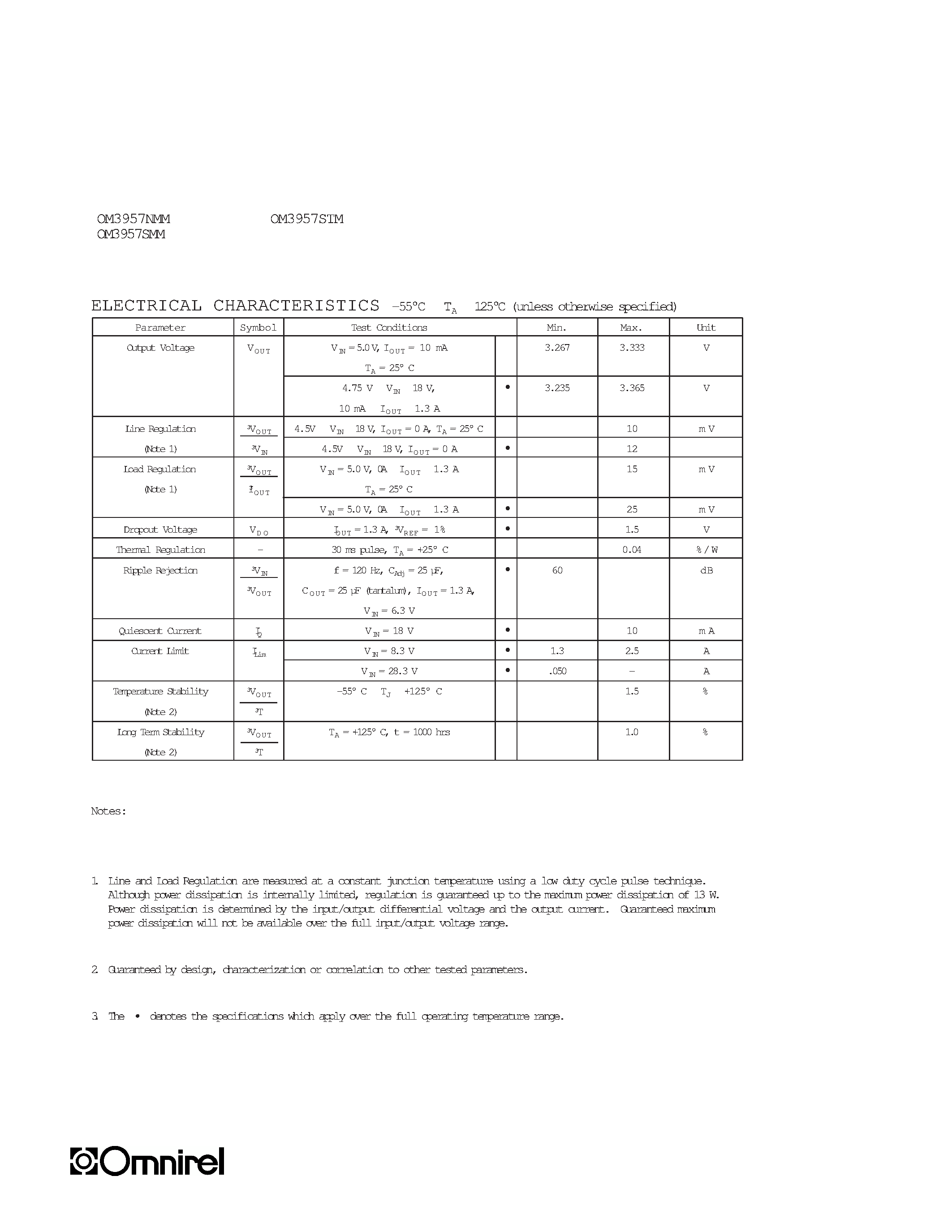 Datasheet OM3957NMM - LOW DROPOUT 3.3 FIXED VOLTAGE REGULATOR APPROVED TO SMD 5962-98590 page 2