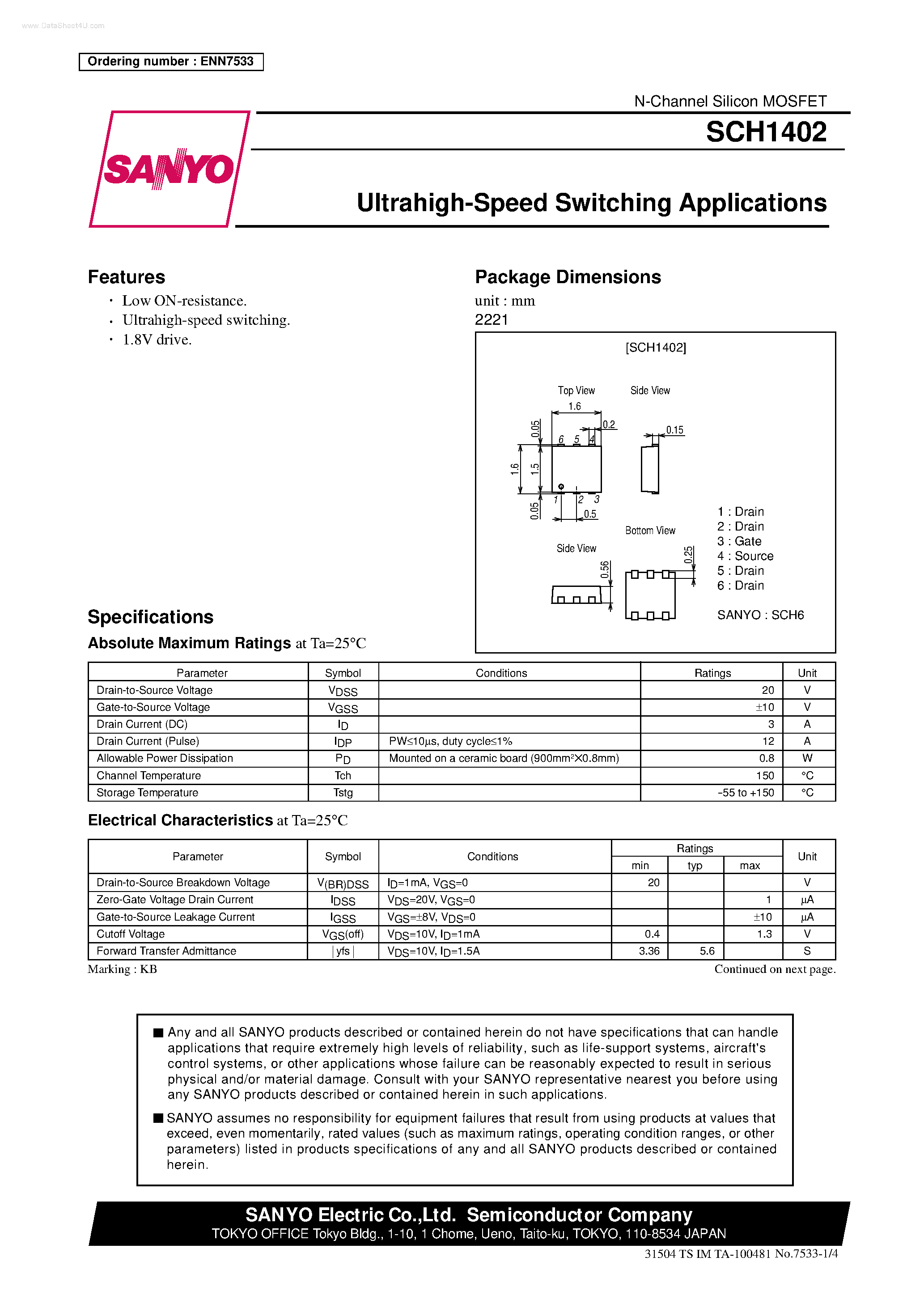 Datasheet SCH1402 page 1 Datasheet SCH1402 - ULTRAHIGH-SPEED SWITCHING APPLICATIONS page 1
