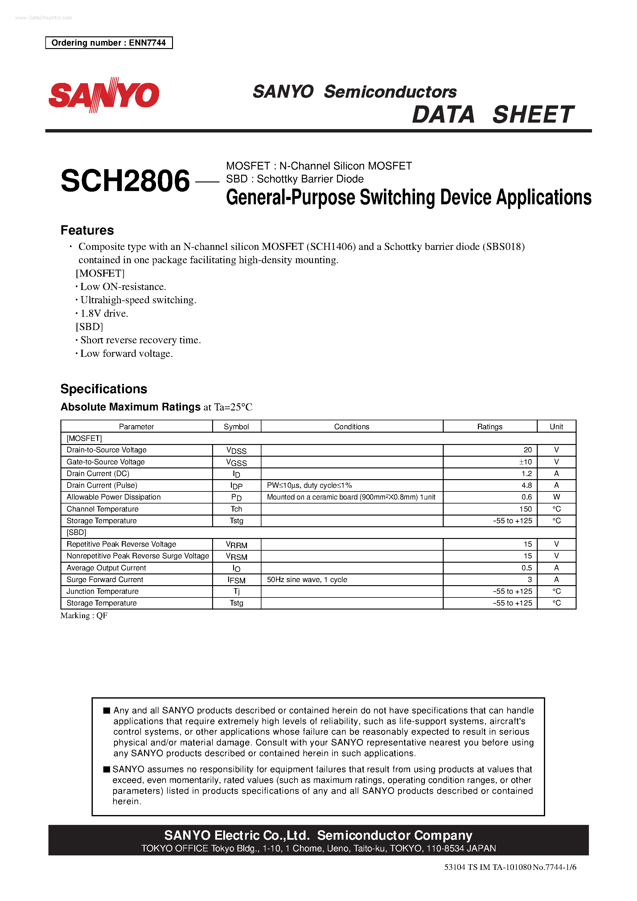 Datasheet SCH2806 page 1 Datasheet SCH2806 - General-Purpose Switching Device Applications page 1