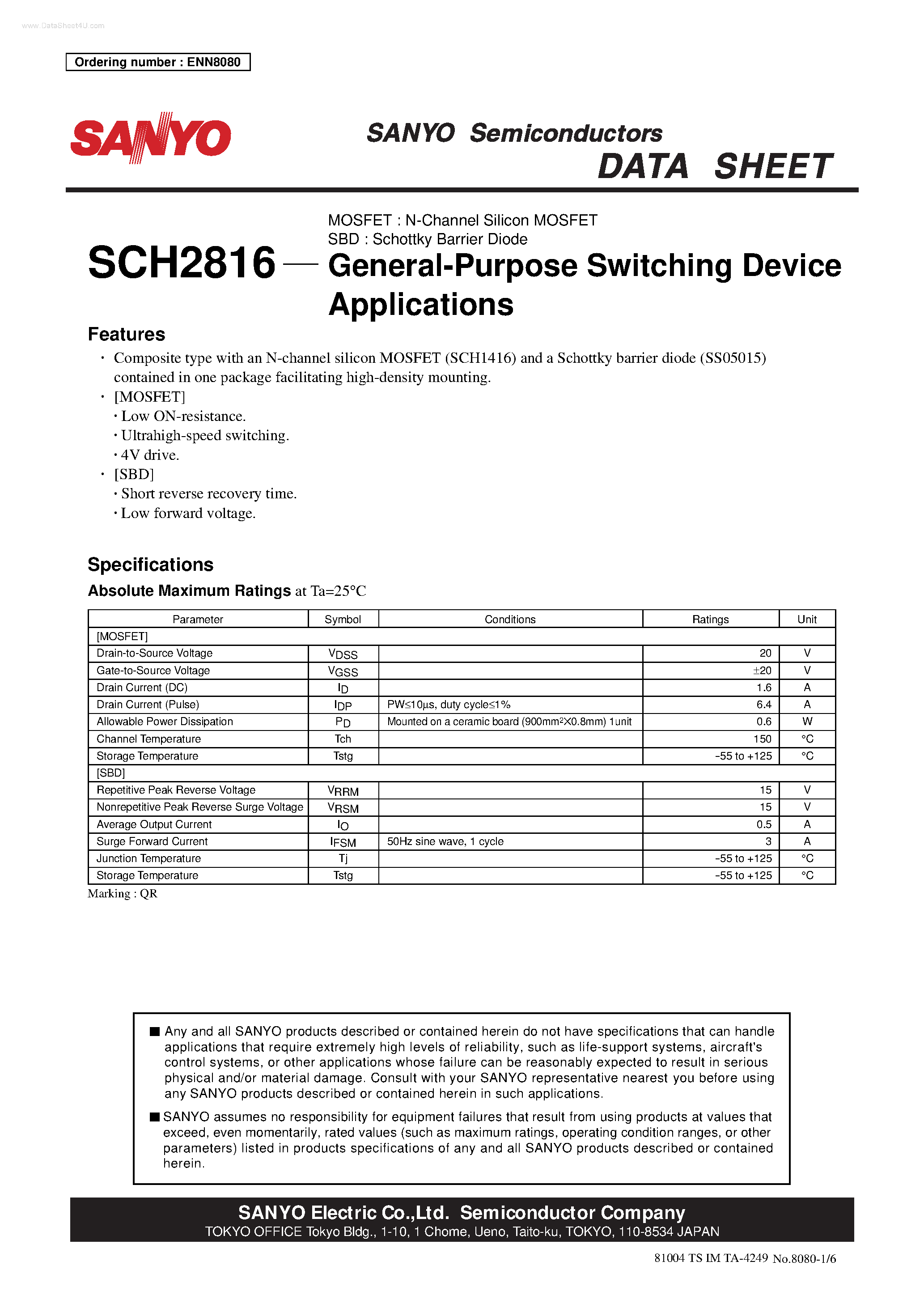 Datasheet SCH2816 page 1 Datasheet SCH2816 - General-Purpose Switching Device Applications page 1