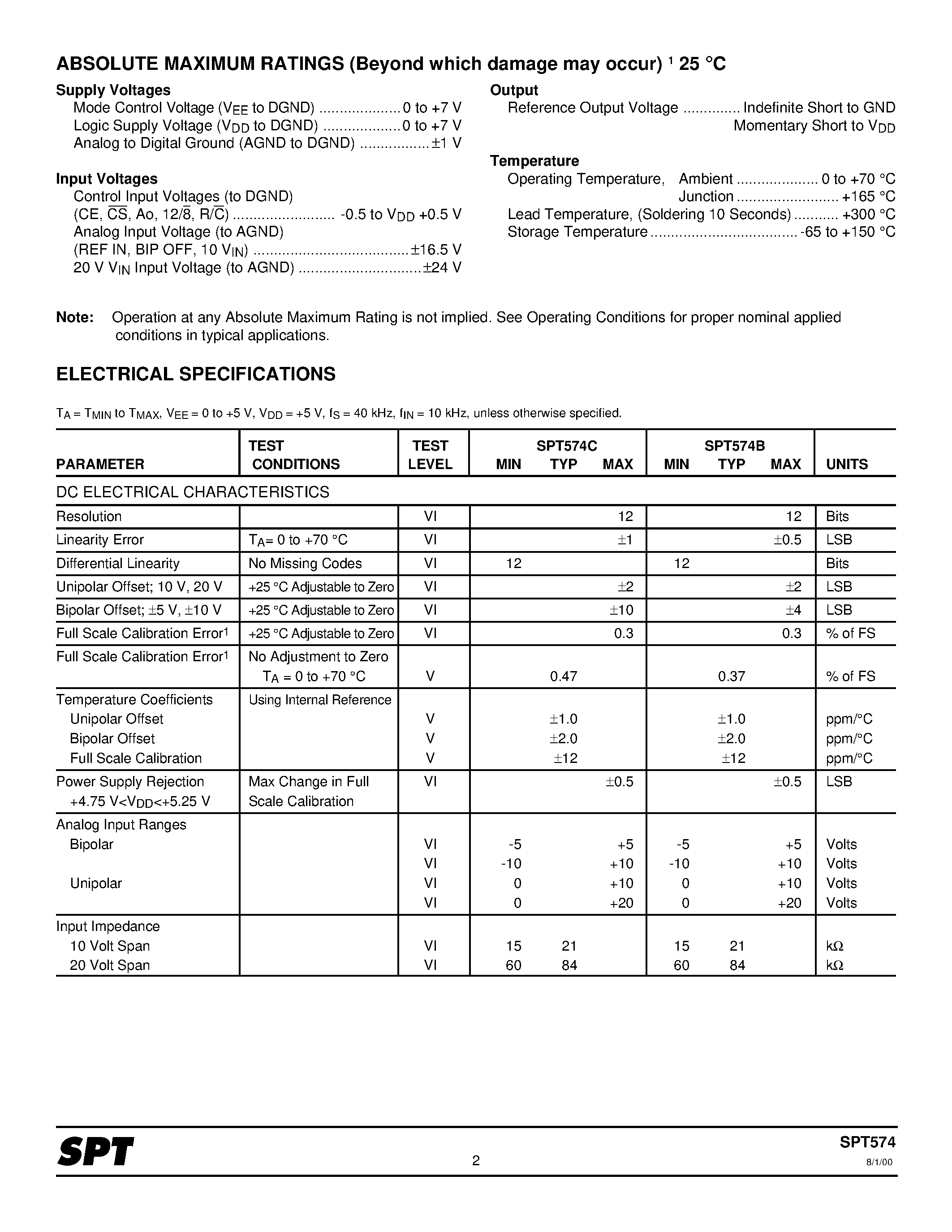 Даташит SPT574 - COMPLETE 12-BIT uP COMPATIBLE A/D CONVERTER страница 2