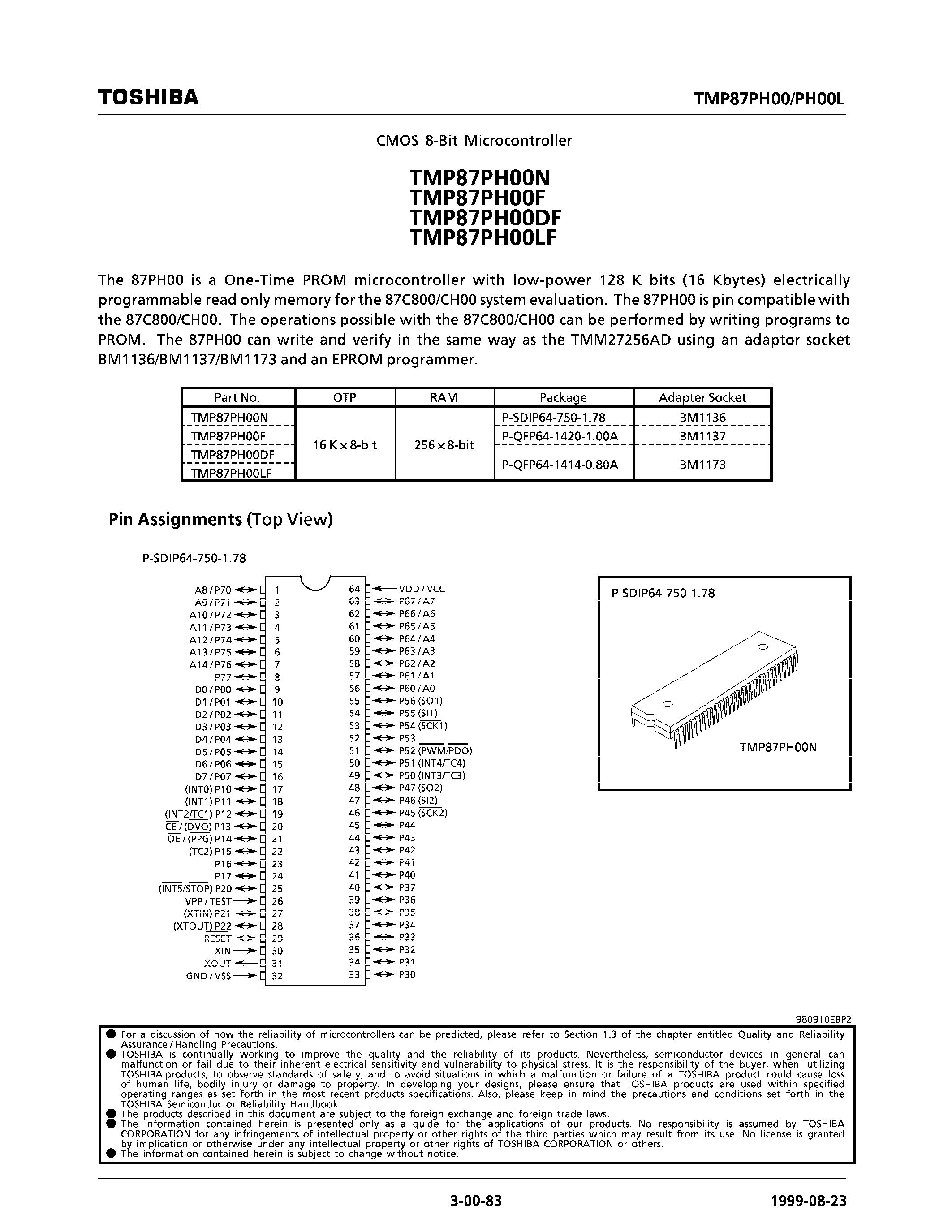 Datasheet TMP87H00DF - CMOS 8-BIT MICROCONTROLLER page 1