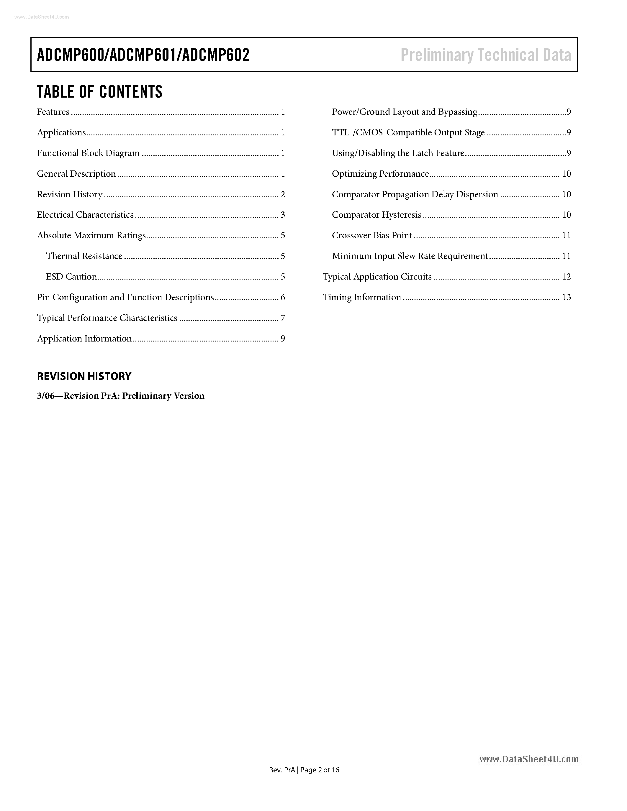 Даташит на микросхему ADCMP600 страница 2 Даташит ADCMP600 - (ADCMP600 - ADCMP602) Single-Supply TTL/CMOS Comparator страница 2