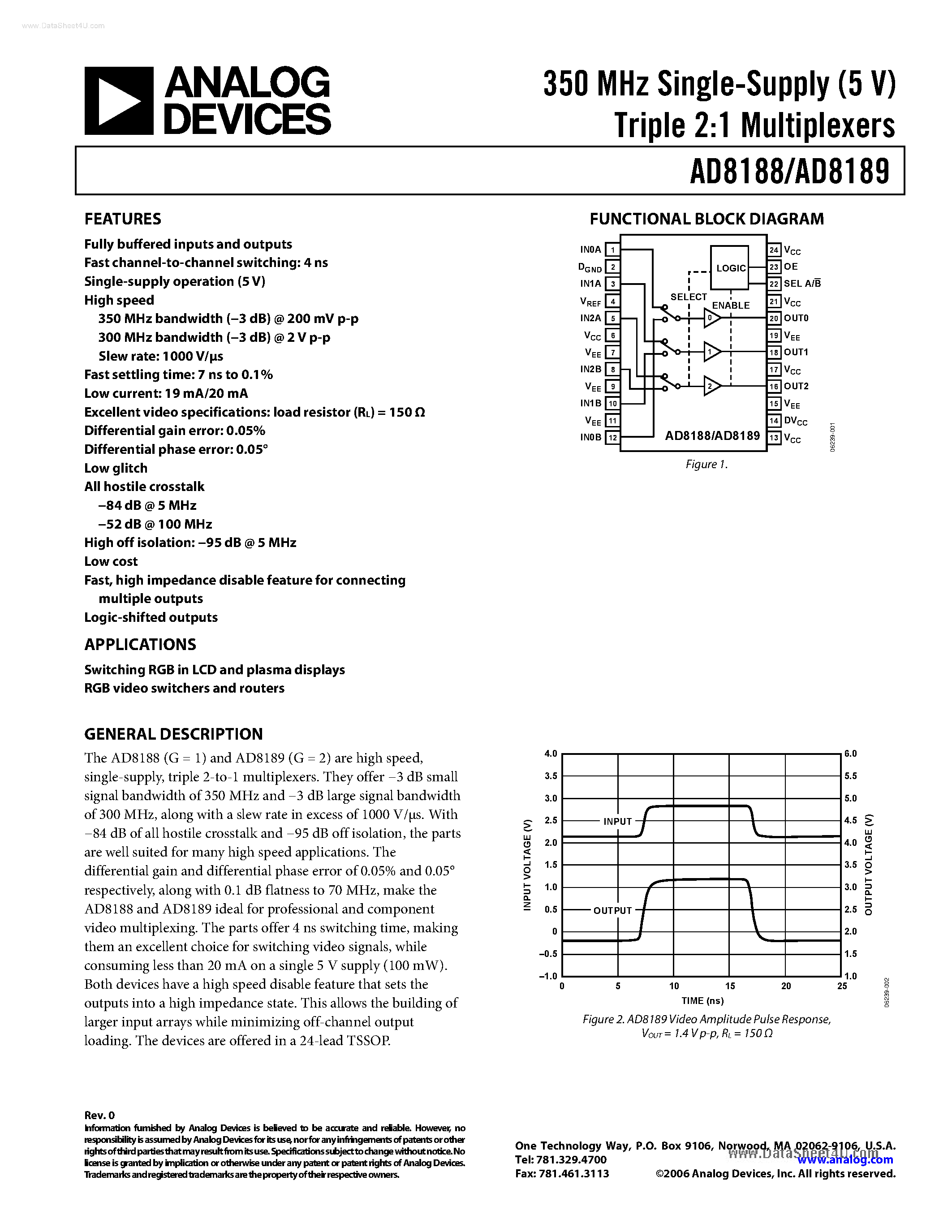 Даташит AD8188 - (AD8188 / AD8189) Triple 2:1 Multiplexers страница 1