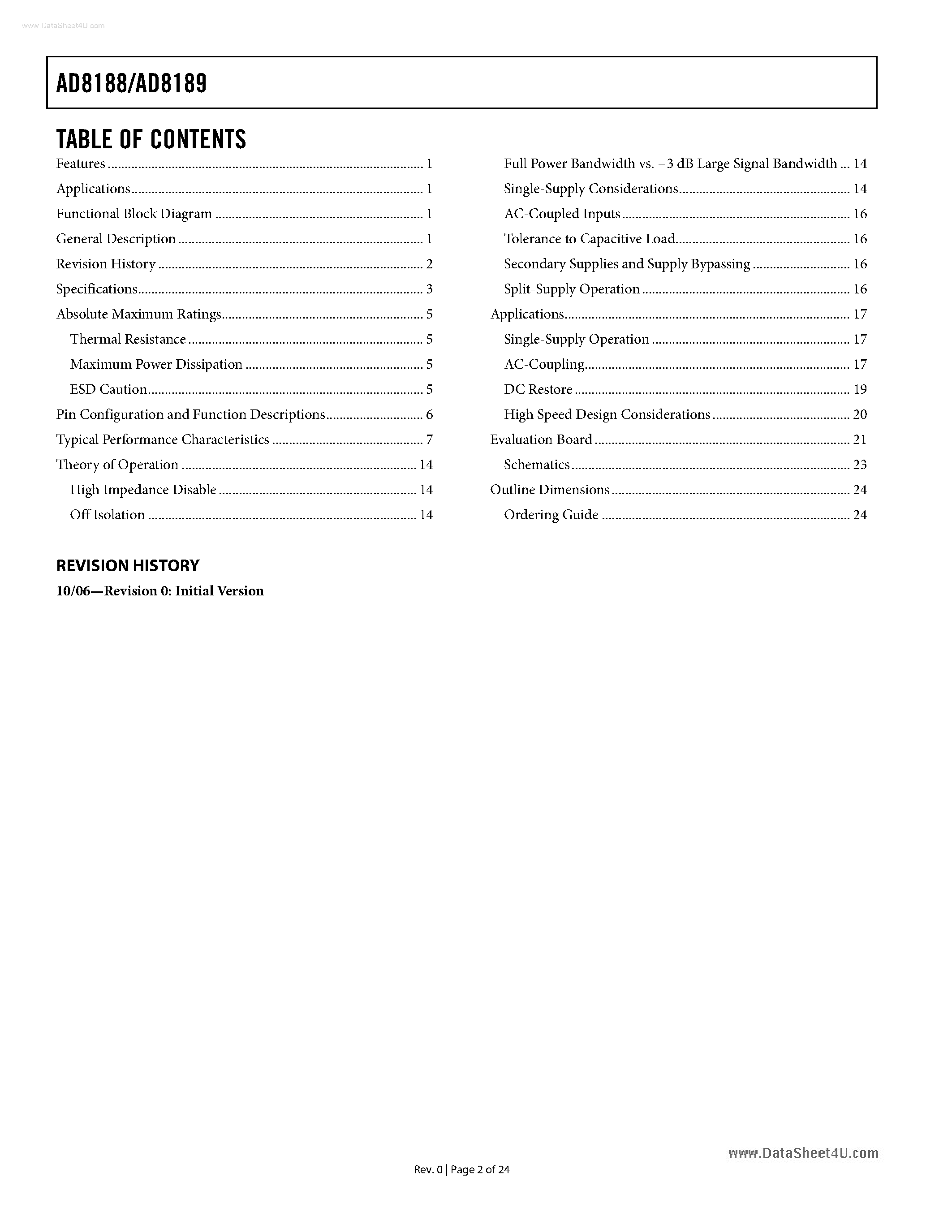 Даташит AD8188 - (AD8188 / AD8189) Triple 2:1 Multiplexers страница 2