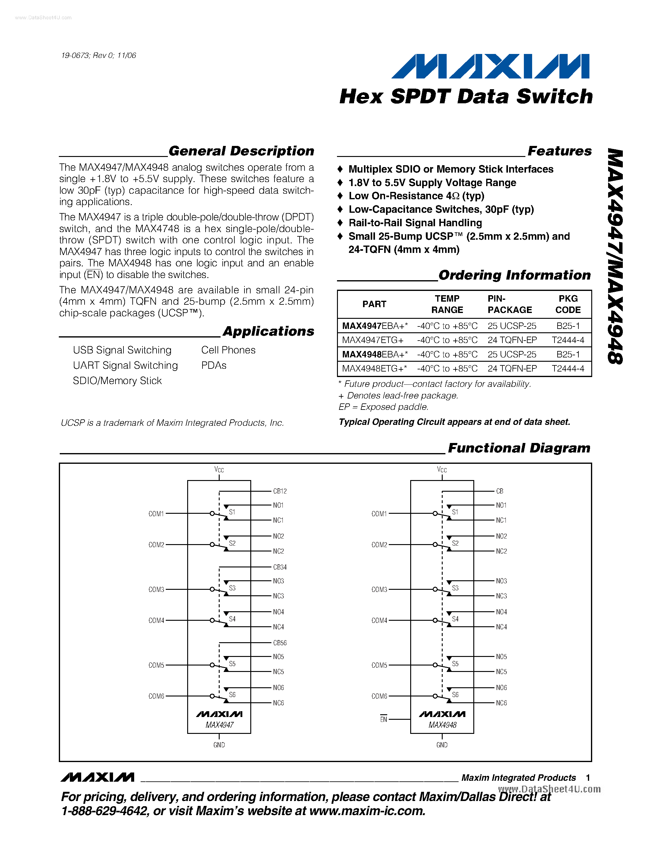 Datasheet MAX4947 page 1 Datasheet MAX4947 - (MAX4947 / MAX4948) Hex SPDT Data Switch page 1