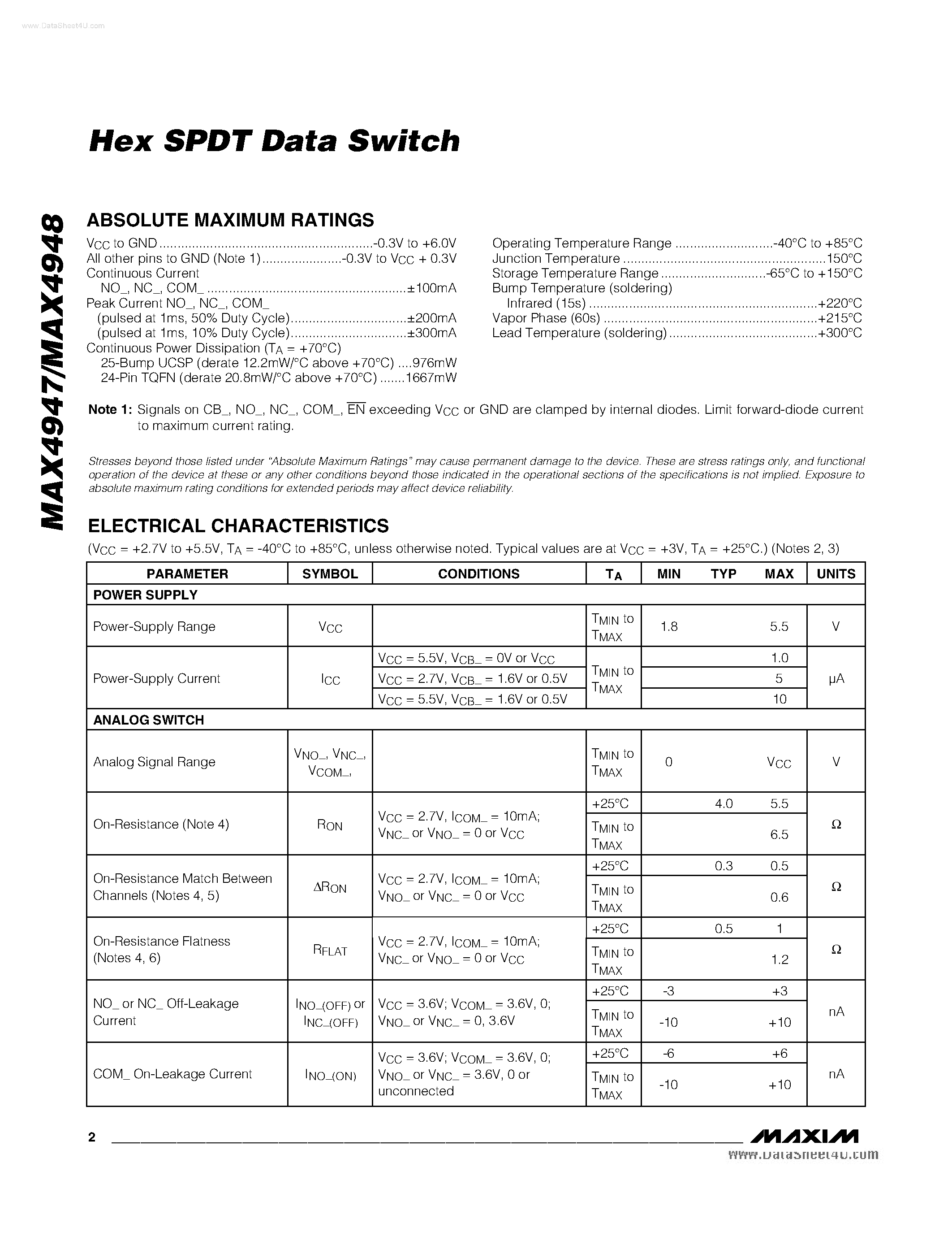 Datasheet MAX4947 page 2 Datasheet MAX4947 - (MAX4947 / MAX4948) Hex SPDT Data Switch page 2