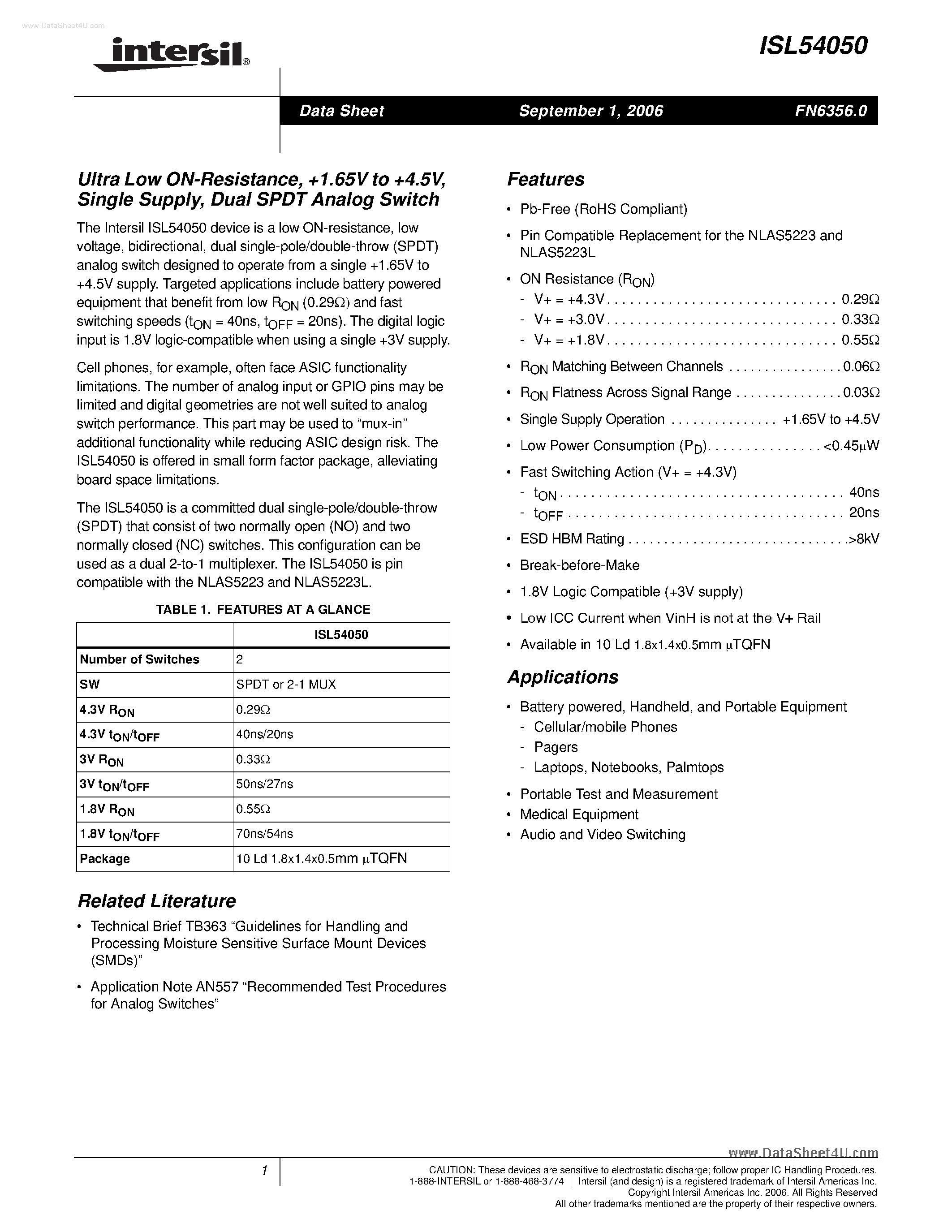 Даташит ISL54050 - Ultra Low ON-Resistance Dual SDPT Analog Switch страница 1