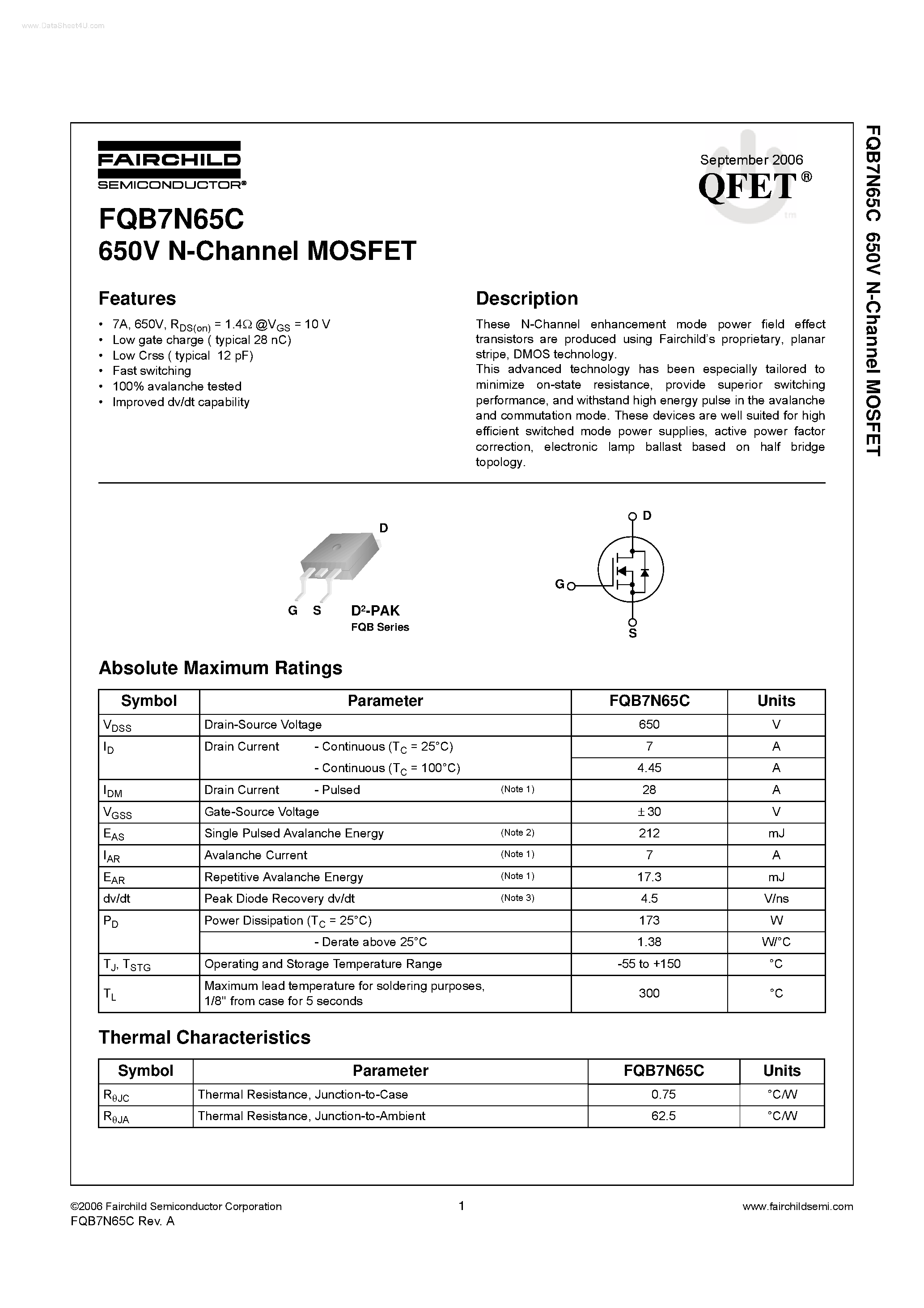Datasheet FQB7N65C - N-Channel MOSFET page 1