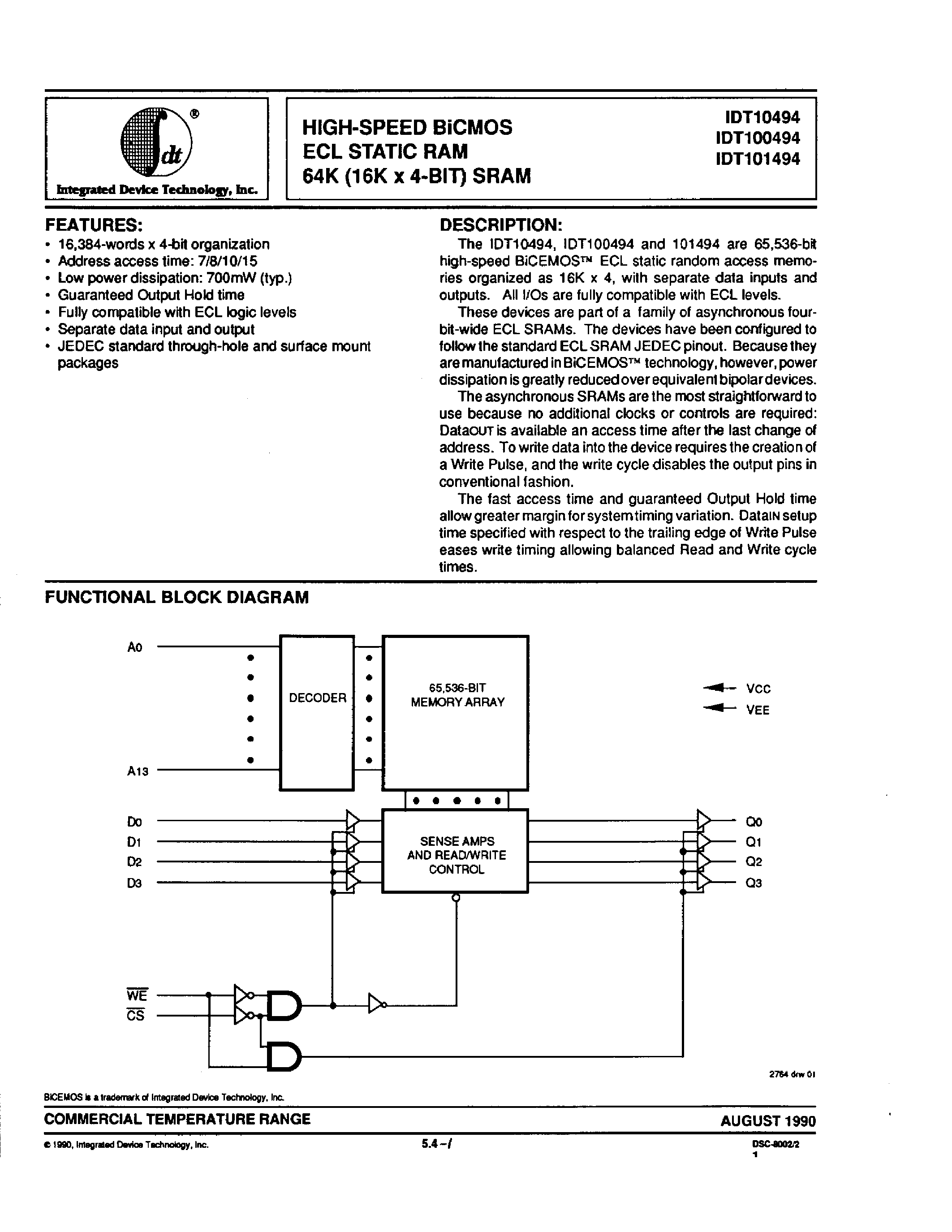 Даташит на микросхему IDT100494 страница 1 Даташит IDT100494 - HIGH-SPEED BiCMOS ECL STATIC RAM 64K страница 1