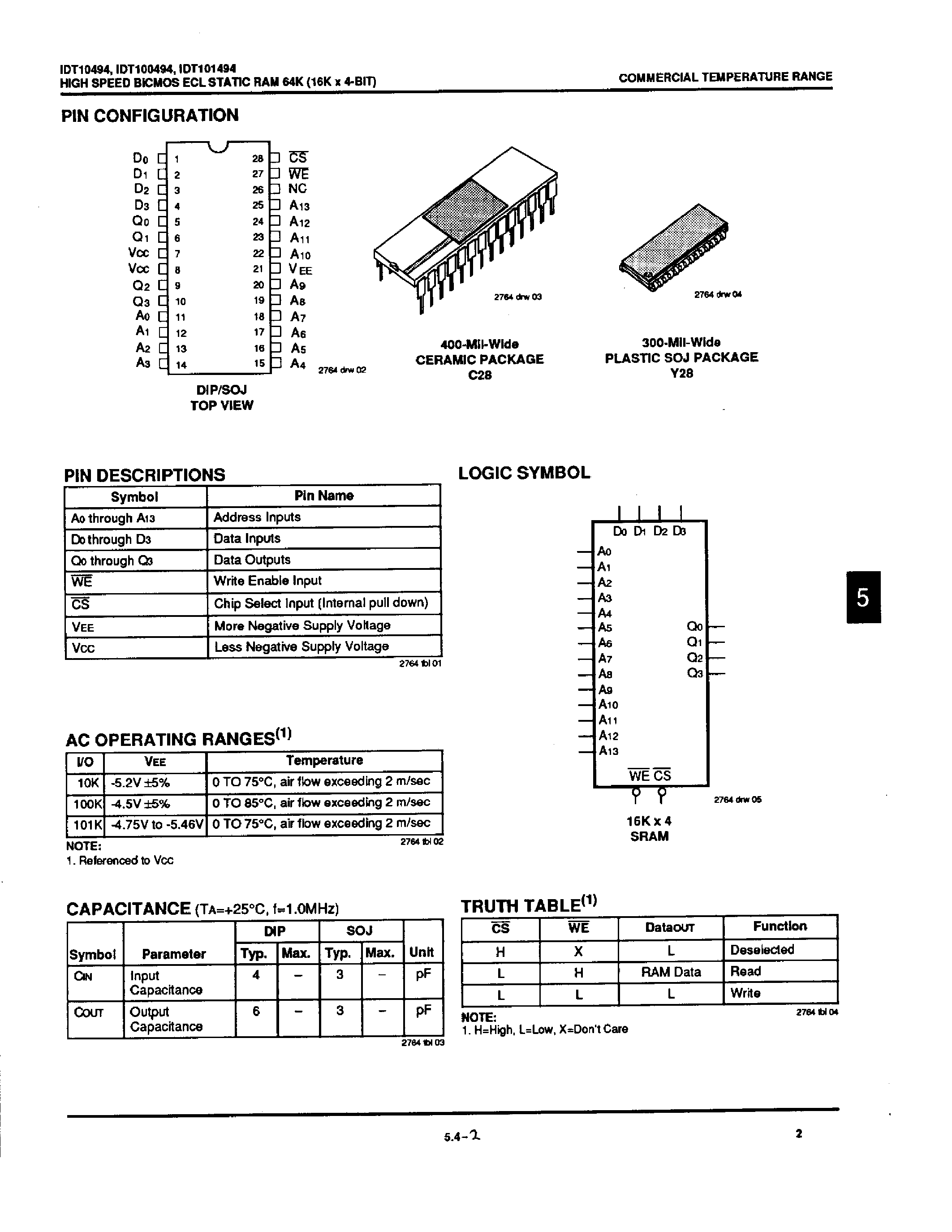 Даташит на микросхему IDT100494 страница 2 Даташит IDT100494 - HIGH-SPEED BiCMOS ECL STATIC RAM 64K страница 2