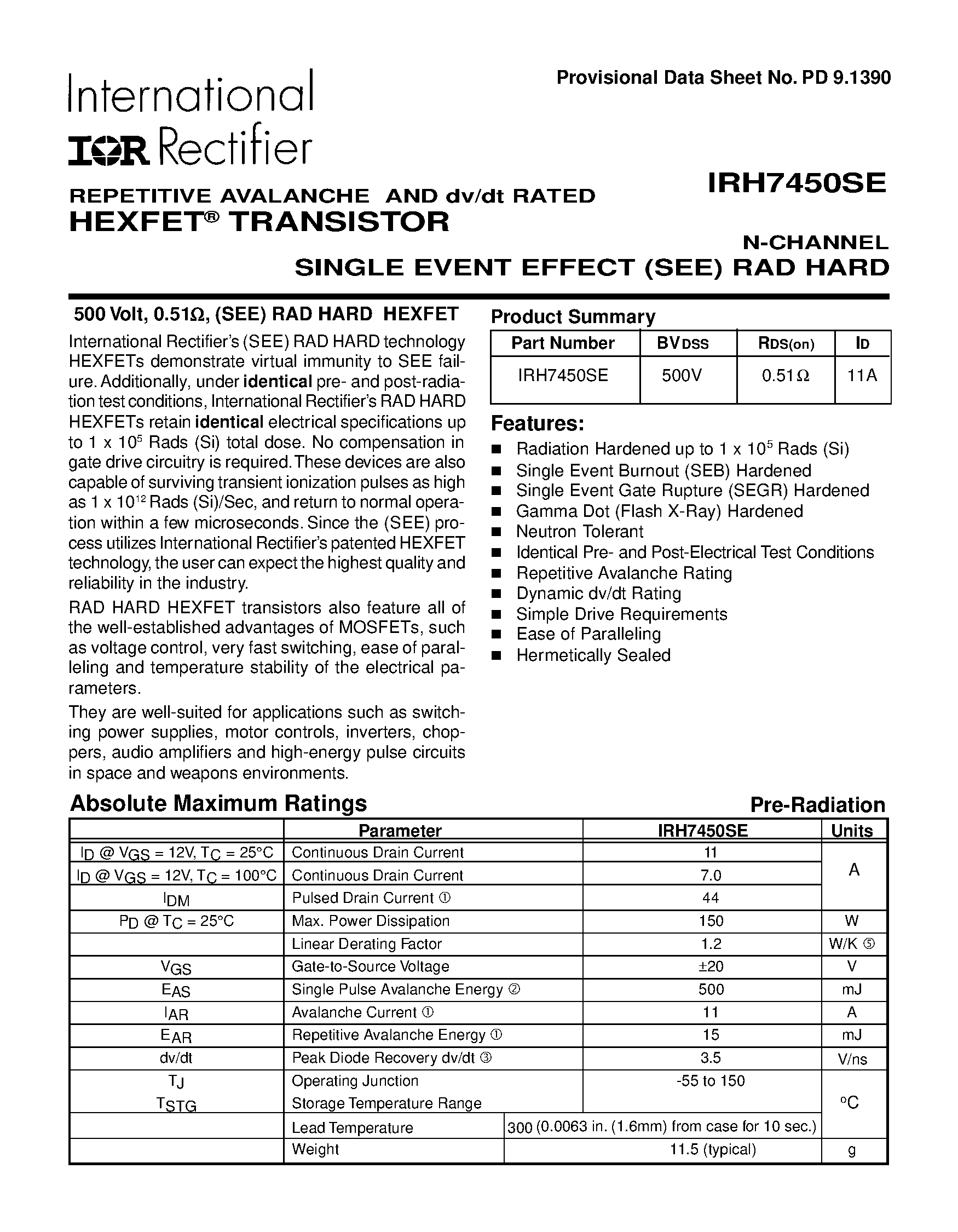 Datasheet IRH7450SE - TRANSISTOR N-CHANNEL page 1