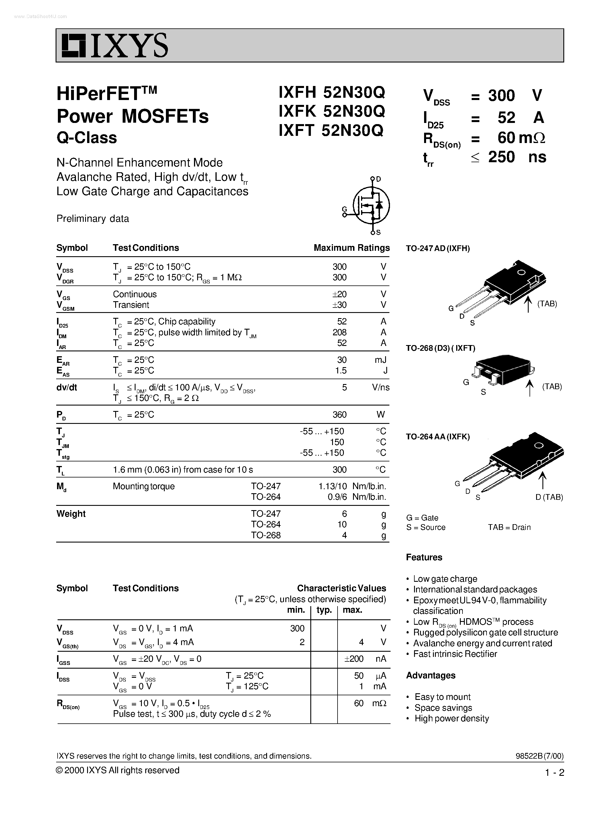 Datasheet IXFH52N30Q - (IXFx52N30Q) N-Channel Enhancement Mode Avalanche Rated page 1