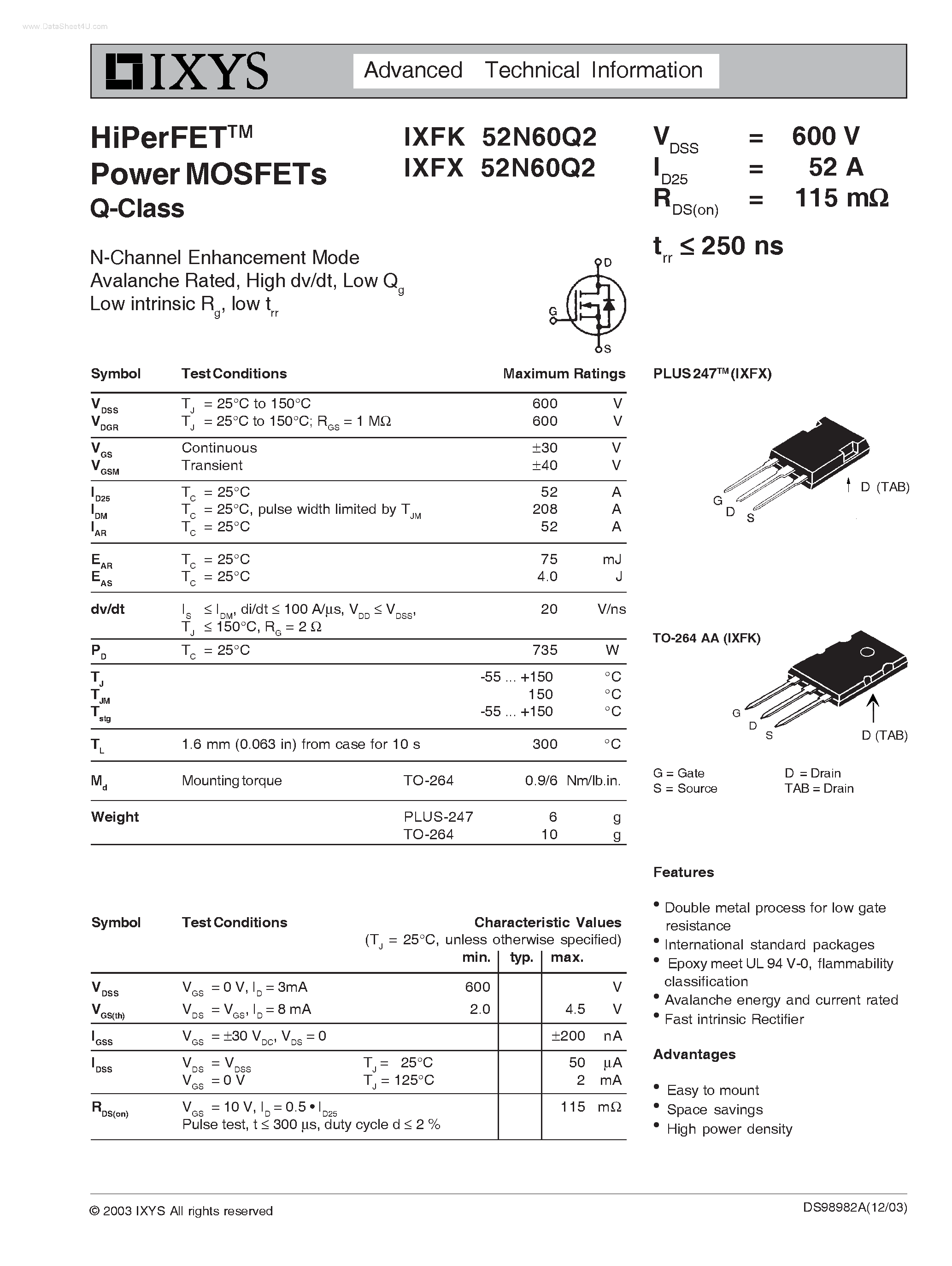 Datasheet IXFK52N60Q2 - (IXFK52N60Q2 / IXFX52N60Q2) Advanced Technical Information page 1