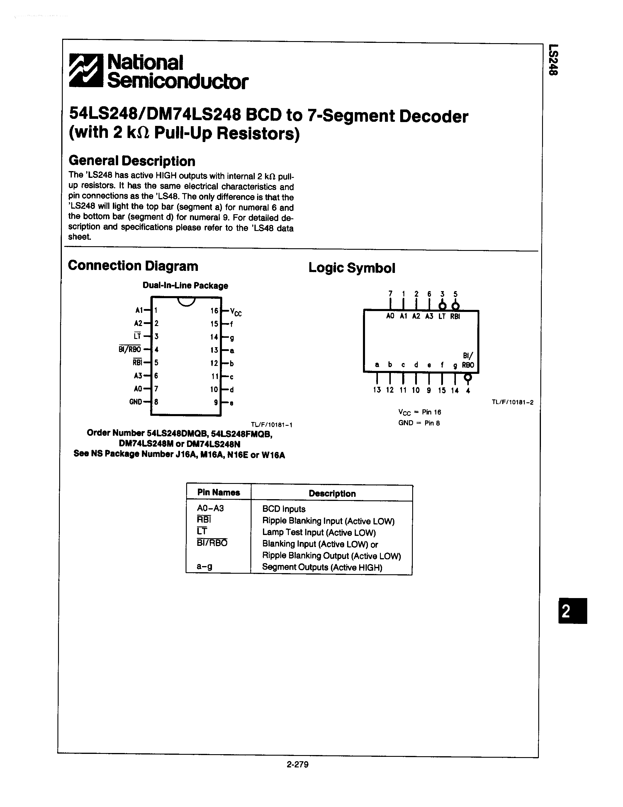 Datasheet LS248 - BCD TO 7-SEGMENT DECODER page 1