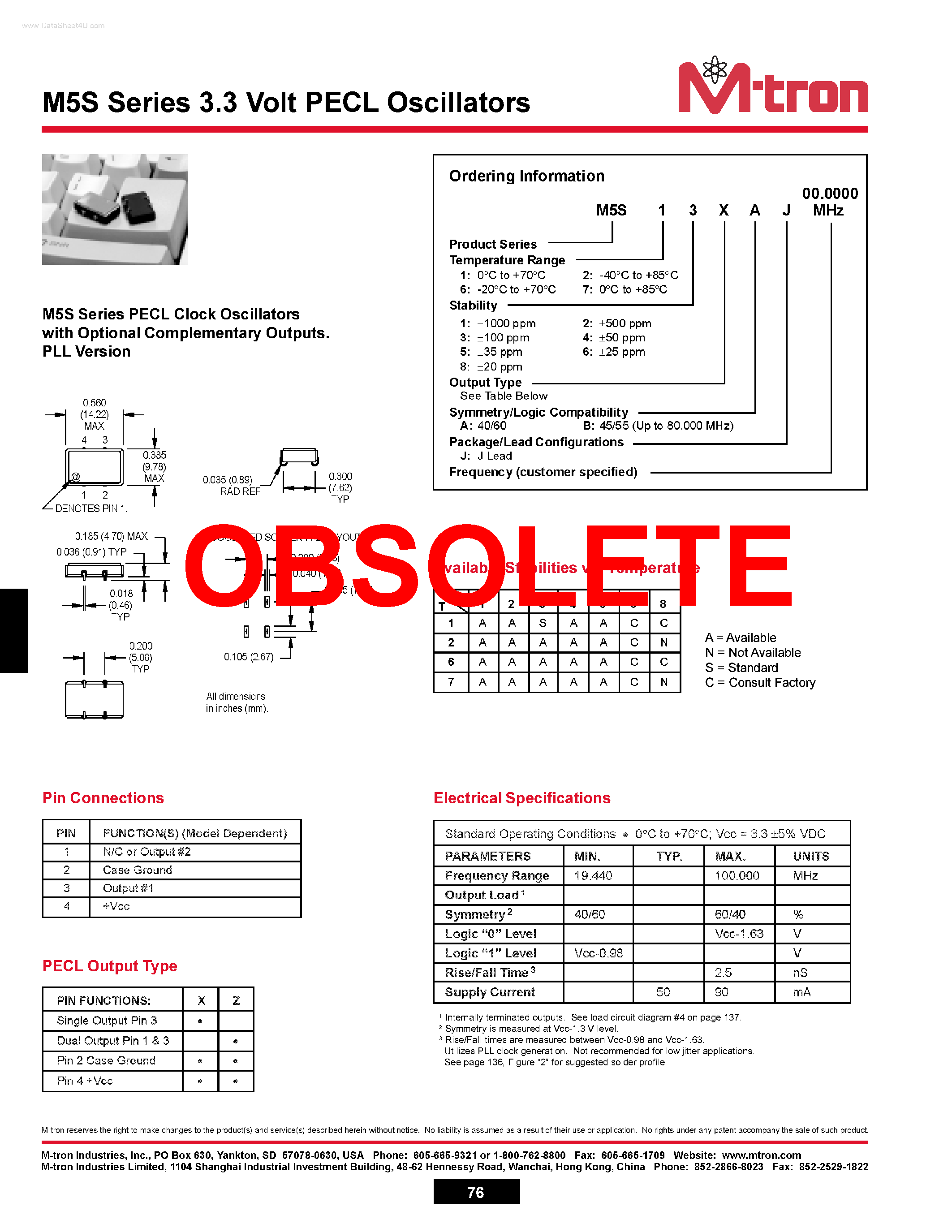 Datasheet M5S - M5S Series 3.3 Volt PECL Oscillators page 1