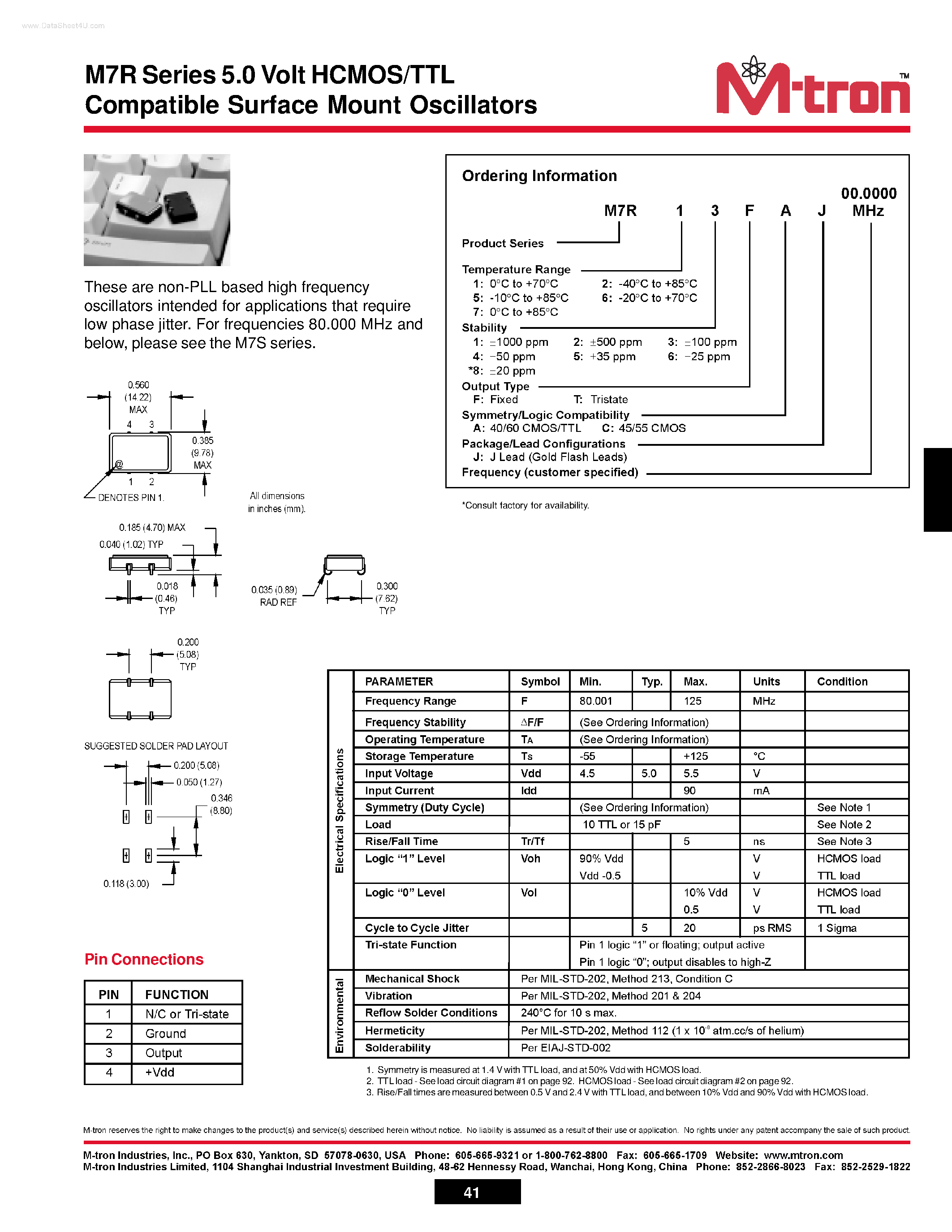 Datasheet M7R - M7R Series 5.0 Volt HCMOS/TTL Compatible Surface Mount Oscillators page 1