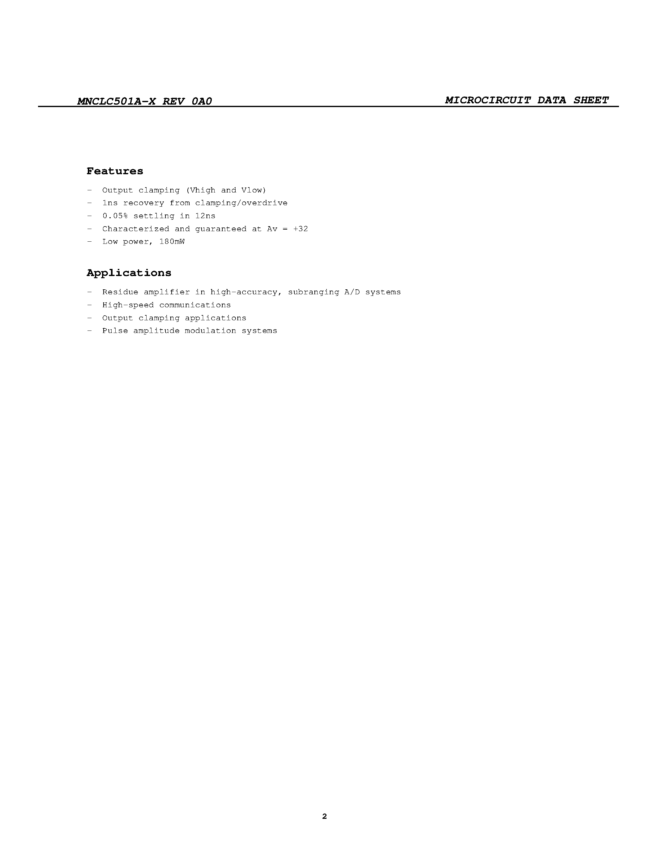 Datasheet MNCLC501A-X page 2 Datasheet MNCLC501A-X - HIGH-SPEED OUTPUT CLAMPING OP AMP page 2