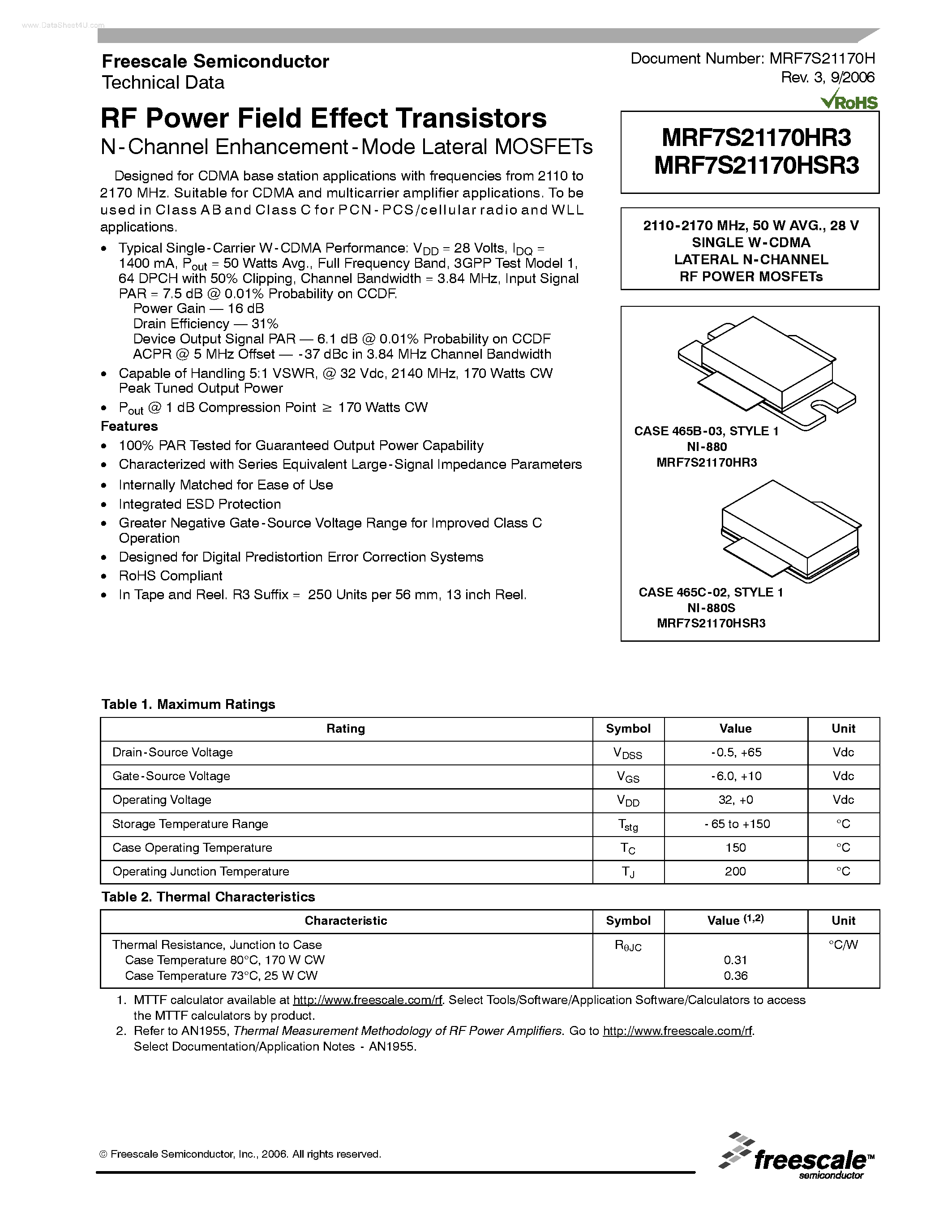 Datasheet MRF7S21170HR3 - RF Power Field Effect Transistors page 1