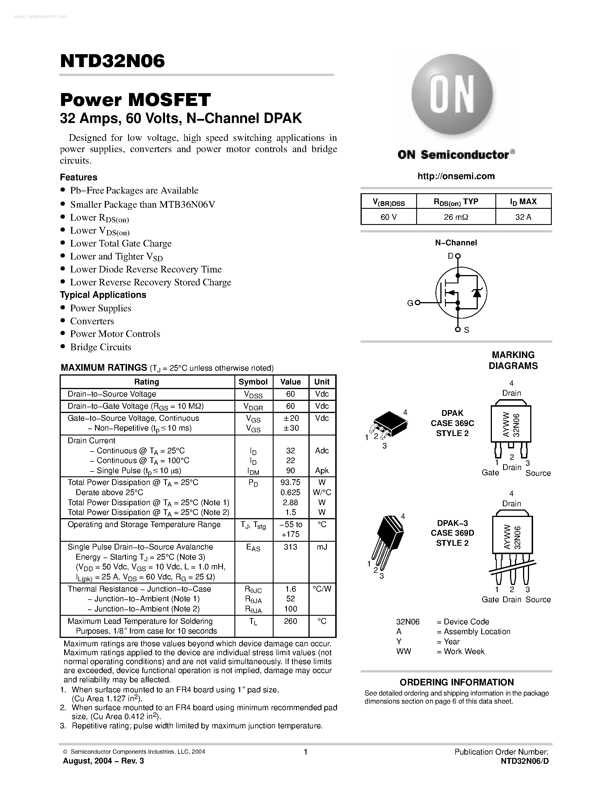 Datasheet NTD32N06 - N-Channel DPAK page 1
