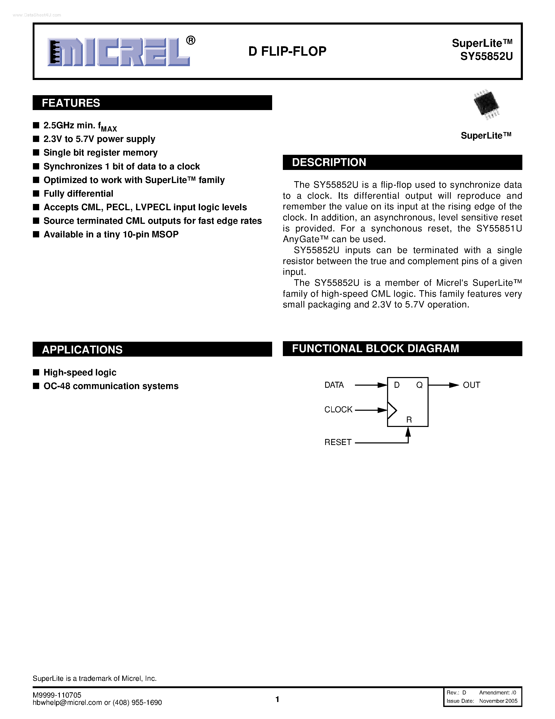 Datasheet SY55852U - D FLIP-FLOP page 1
