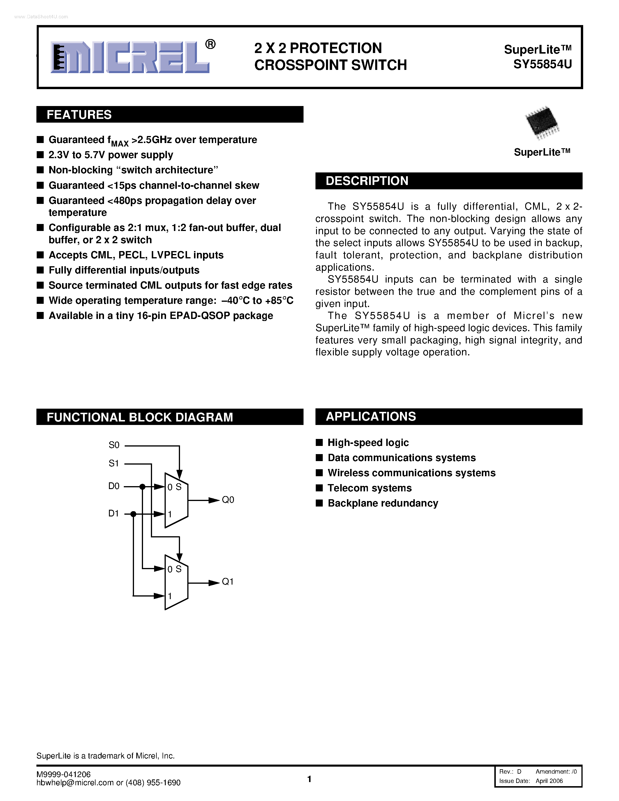 Даташит SY55854U - 2 X 2 PROTECTION CROSSPOINT SWITCH страница 1